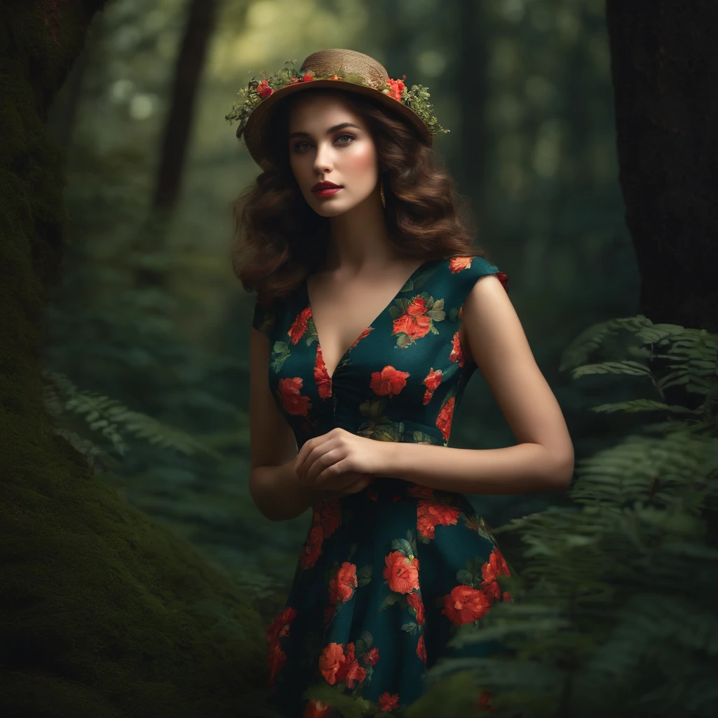 A coy girl, garbing polkadot dress, stranded in mysterious dark forest 