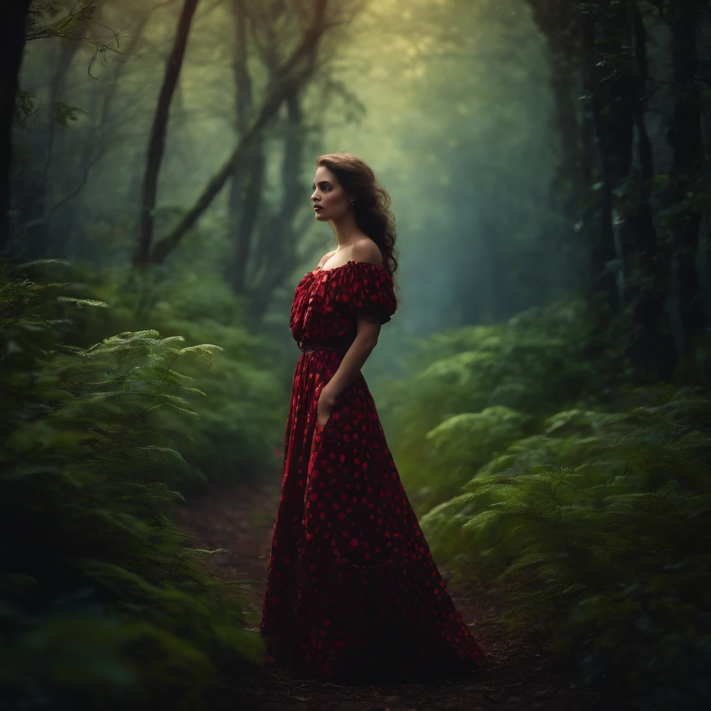 A coy girl, garbing polkadot dress, stranded in mysterious dark forest
