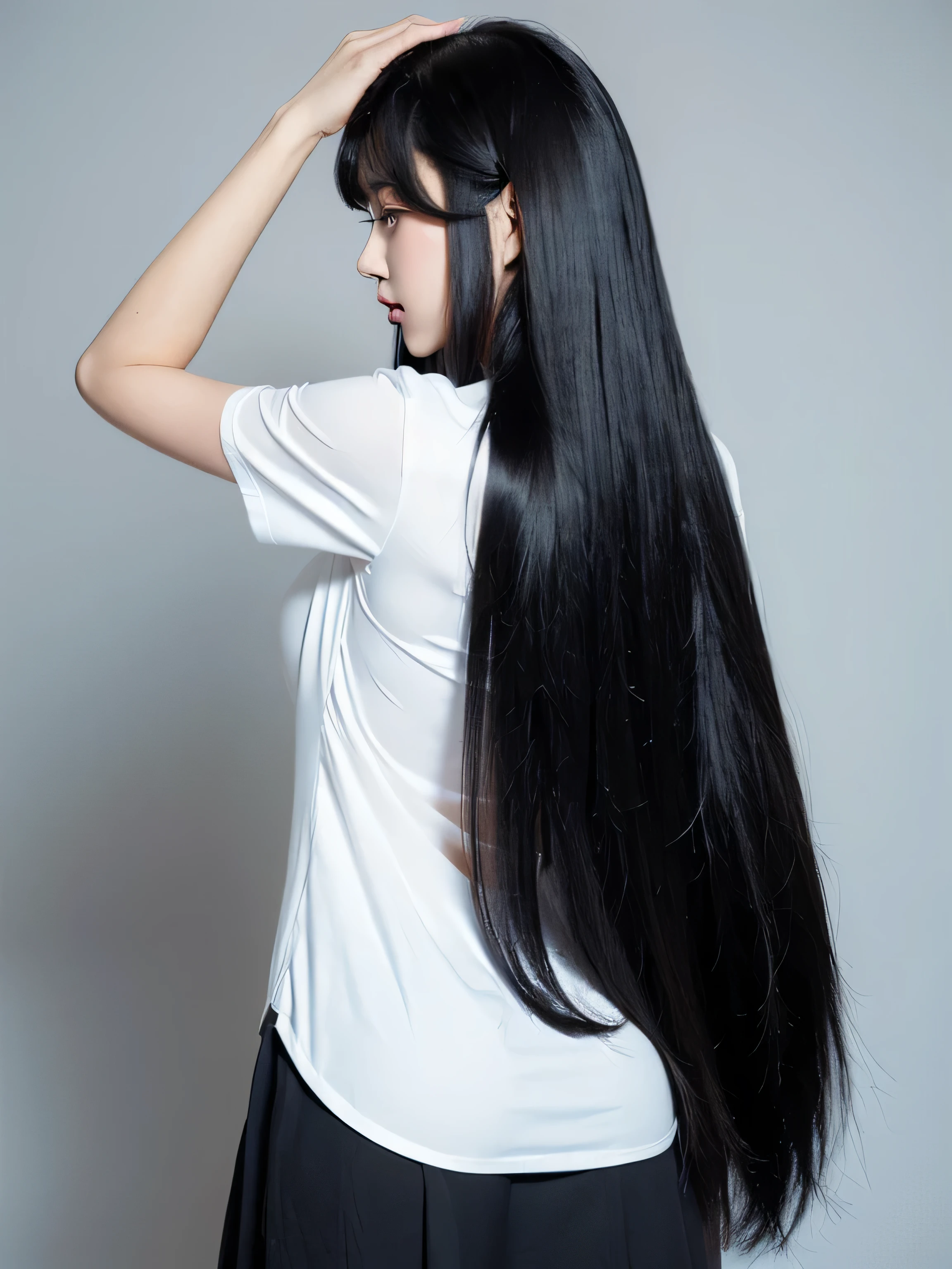 ((Random poses showing as much back and hair as possible:1.8)) ((Beautiful 24-year-old hair model with long black hair, girl with super length Hair, extremely length Hair, extra length Hair, very long, Flowing Hair, very length Hair, length Hair girl, very long, Flowing black hair, length Hair windy, Very long black hair, length, Flowing Hair, length and curly hair, with length Hair, length Hair!!!! Stand in front of a mirror Her highest quality hair is long and straight., very long, highest quality black hair, length hair in the center, Highest quality long straight hair, length, straight, beautiful, High quality hair, length and free black highest quality straight hair, length Hair, length and straight, highest quality black hair, Perfect silky straight hair of the highest quality, straight, highest quality black hair, length black straight hair, length, Thin black hair Her hair is long and straight, very long black hair, length hair in the center, length straight hair, length, straight, beautiful hair of the highest quality, length Hair, length, straight black hair, length and free straight black hair, straight black hair)) (Her bangs are perfect.:1.3) (Pure white wall background:1.8. Upper body photo from the knees up) (Japan's most sexy and beautiful hair model) (She looks at the viewer with a very seductive expression...) ((highest quality)), ((masterpiece)), (Familiar) (Get used to it) Perfect Face (Her skin is a typical 日本ese skin color.、And very detailed) (Big Breasts:1.3) (She is wearing a light blue skirt and a white blouse...) (She has a beautiful face and a typical Japanese figure...., Narrow eyes) (She has perfect beautiful makeup and face Lipstick is light red A solid eyeliner) ((Rich 1.4)) (Extremely detailed 8K) (Ultra-fine skin texture 1.4) (Actual, Vibrant:1.4), double eyelid Sharp focus:1.2、Beautiful woman:1.4 Dynamic Lighting (Genuine RAW photos taken by professional photographers) Professionally lighting her hair (She has a bright and cheerful face)