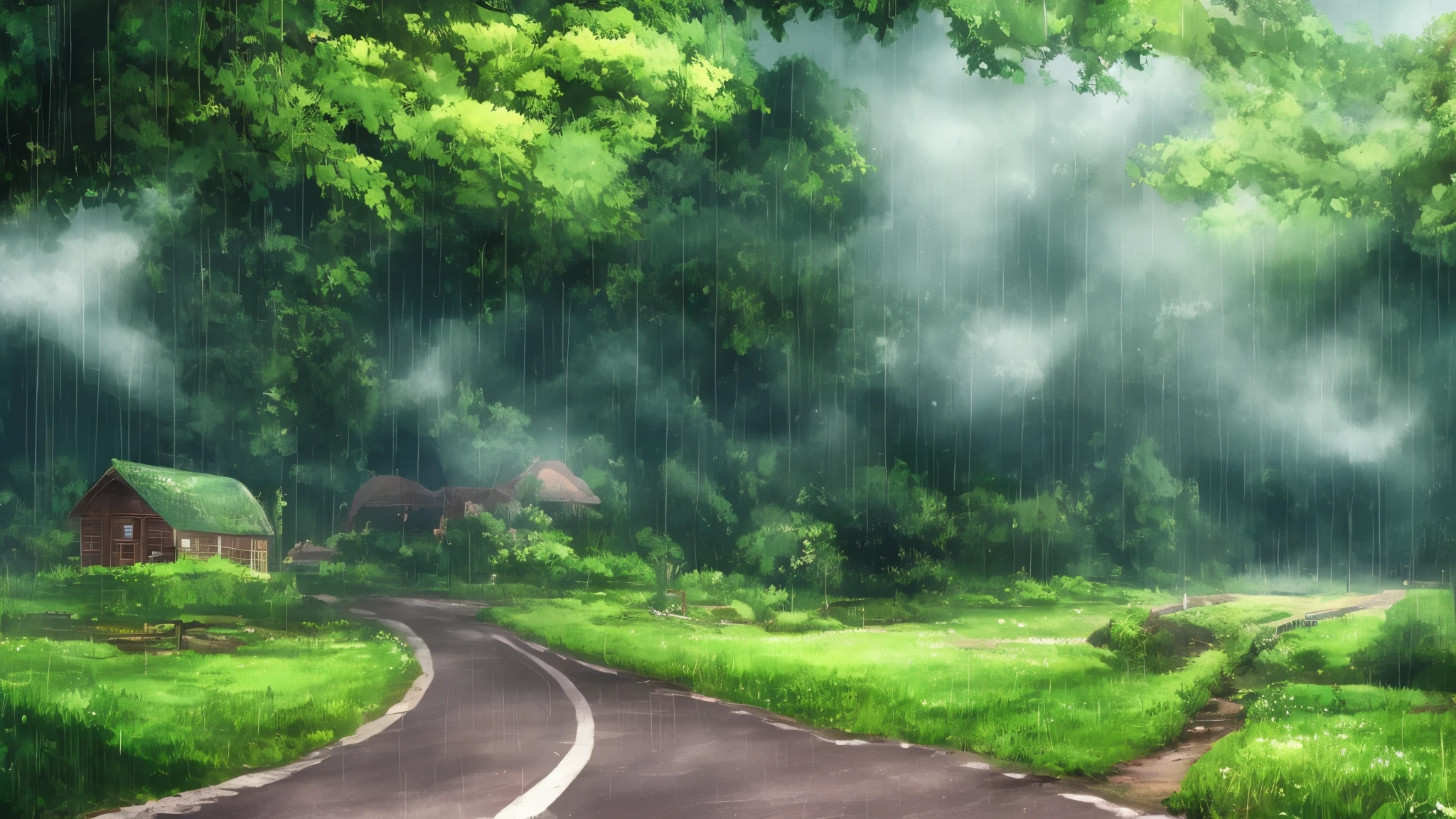a clear drawn country road , a cabane with fuming chimeny smoke coming out of it, daytime, raining, far away a farmer peacfuly walking away