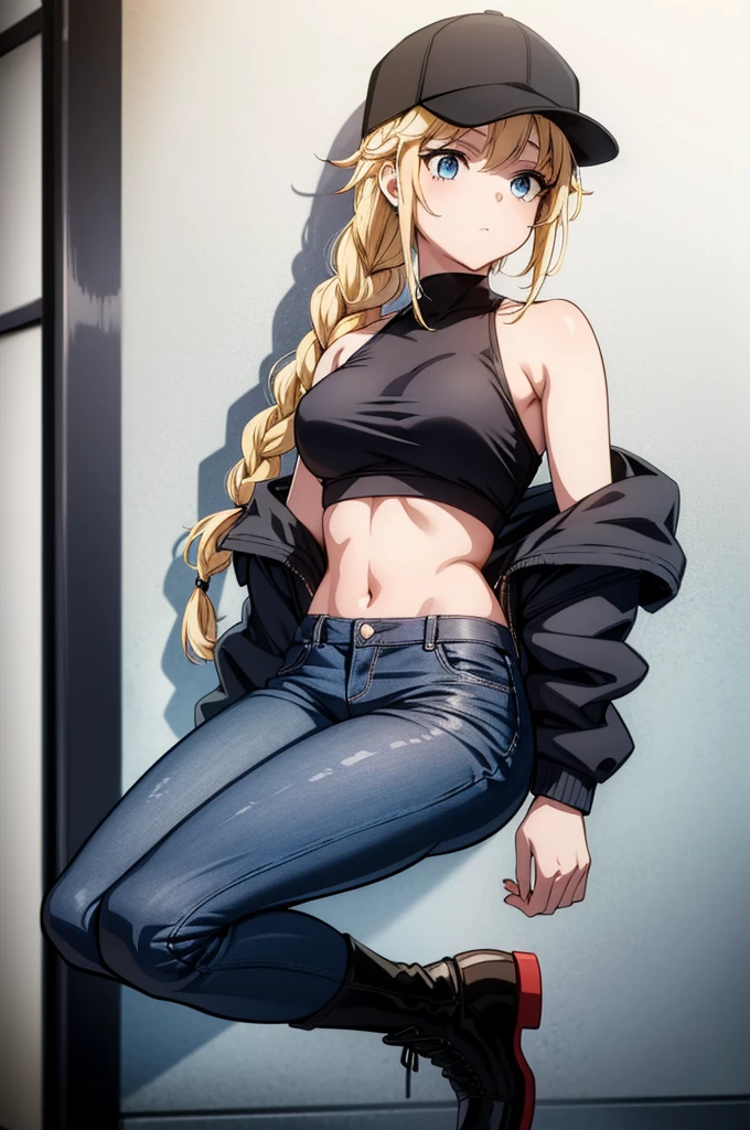 a dark skinned girl with blonde hair and gray eyes, wearing a white tank top, jeans pants and a baseball cap