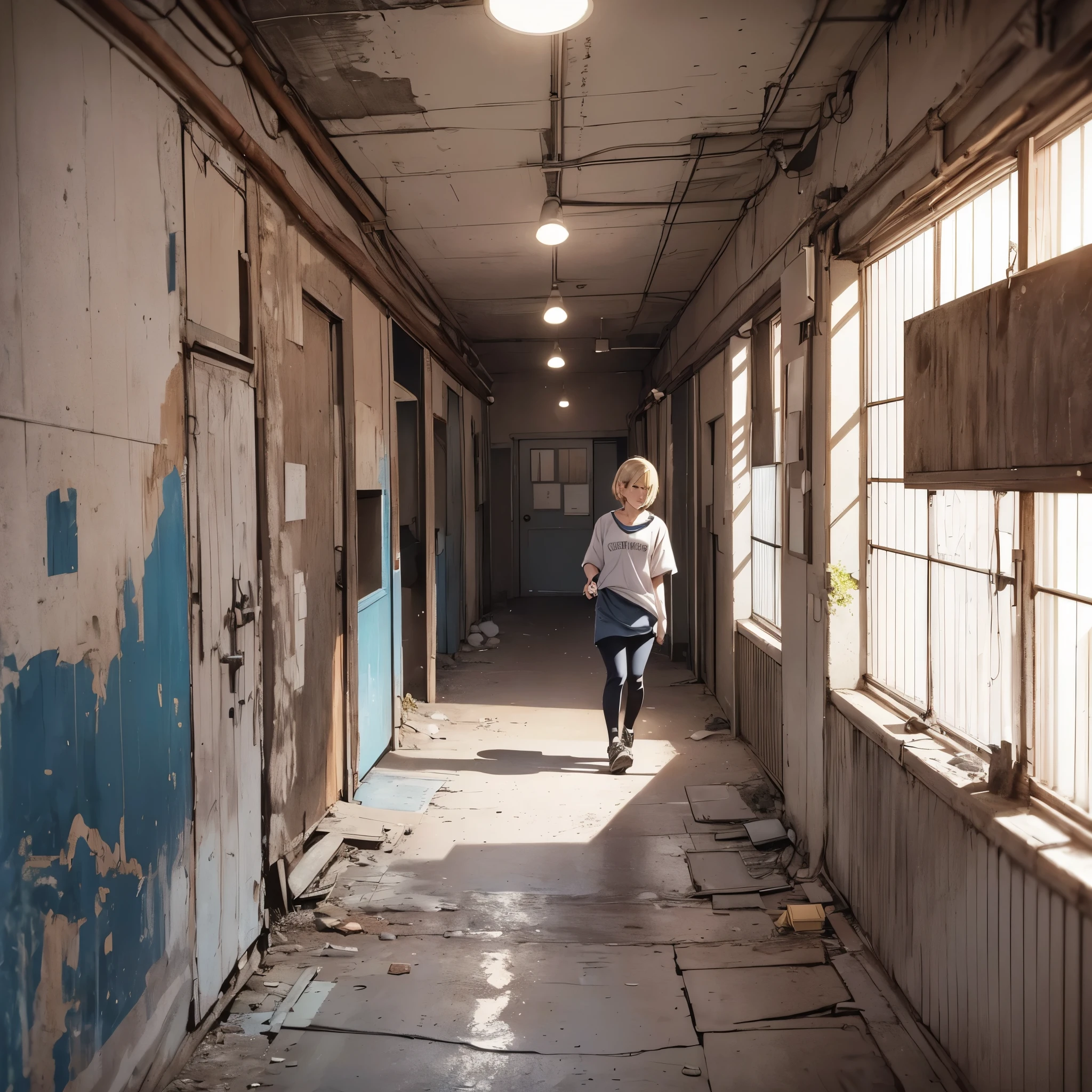 ((20-year-old woman,Blonde short bob hair,She is walking through an empty room)),Huge s room,room in underground,A room with children's graffiti,Messy room,Dim electricity,Dimly lit room,There are many long and thin monsters,Uneasy atmosphere,