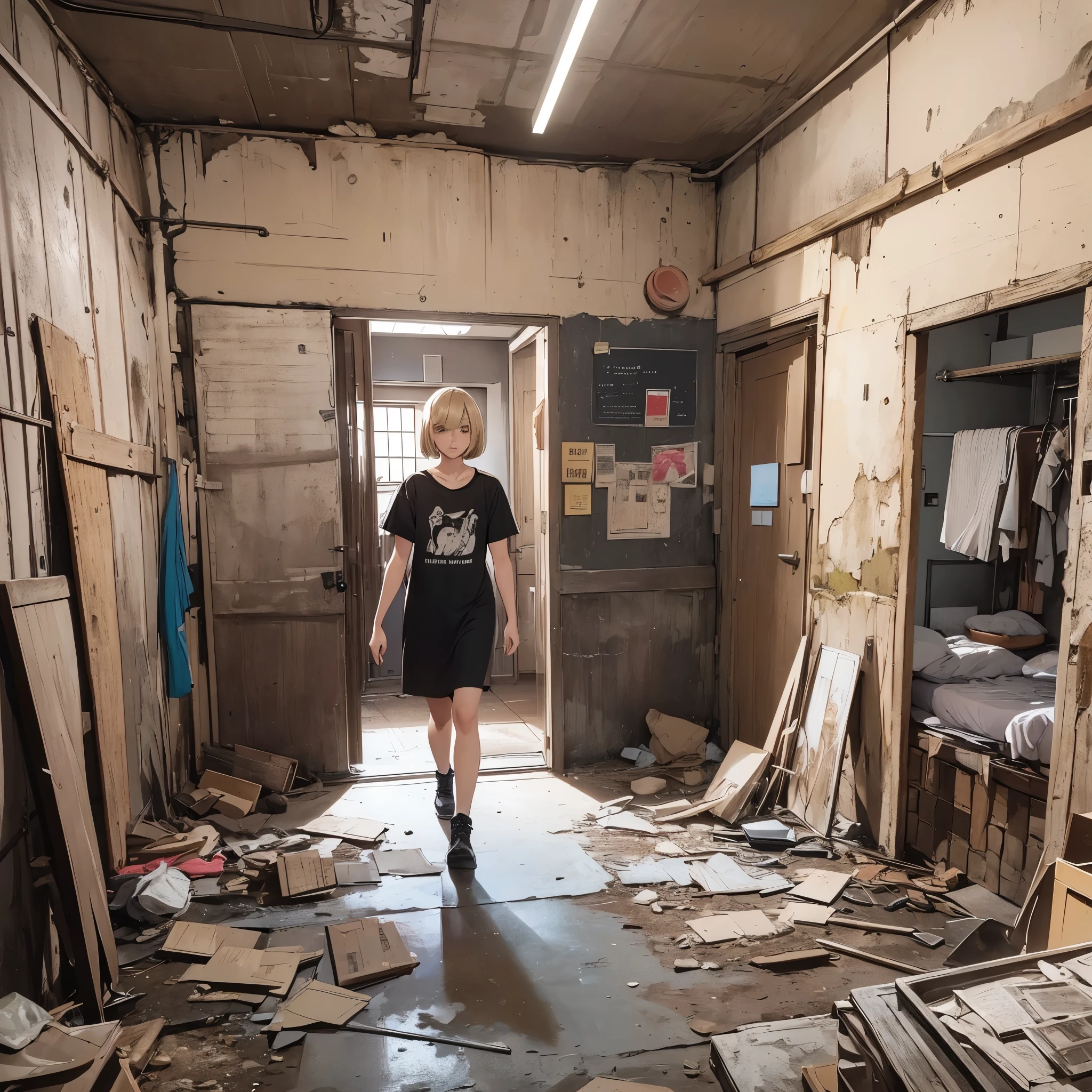 ((20-year-old woman,Blonde short bob hair,She is walking through an empty room)),Huge kids room,room in underground,A room with children's graffiti,Messy room,Dim electricity,Dimly lit room,There are many long and thin monsters,Uneasy atmosphere,