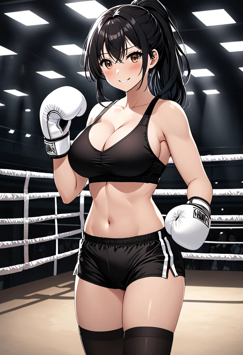 high quality, girl, Long black hair tied into a ponytail, Brown eyes, Smile,blush,Wearing black low-cut underwear, Black stockings,Black briefs,Wearing white boxing gloves, Standing alone in the dark boxing ring in an empty gym, Hands in boxing gloves,Cross your arms,Cleavage,Large Breasts