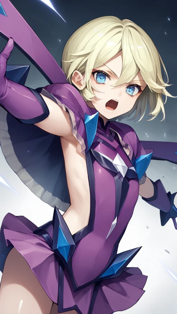 One girl, Blonde, blue eyes, Clothing cutouts, elbow gloves, Flat Chest, gloves, Have, View your viewers, microskirt, Mole, Mole under eye, Open your mouth, Outstretched arms, purple gloves, rib, Shiny skin, short hair, Side cut-outs, Sideless outfit, skirt, solo score_9, score_8_superior, score_7_superior, score_6_superior, score_5_superior, score_4_superior, Break Source_anime, masterpiece