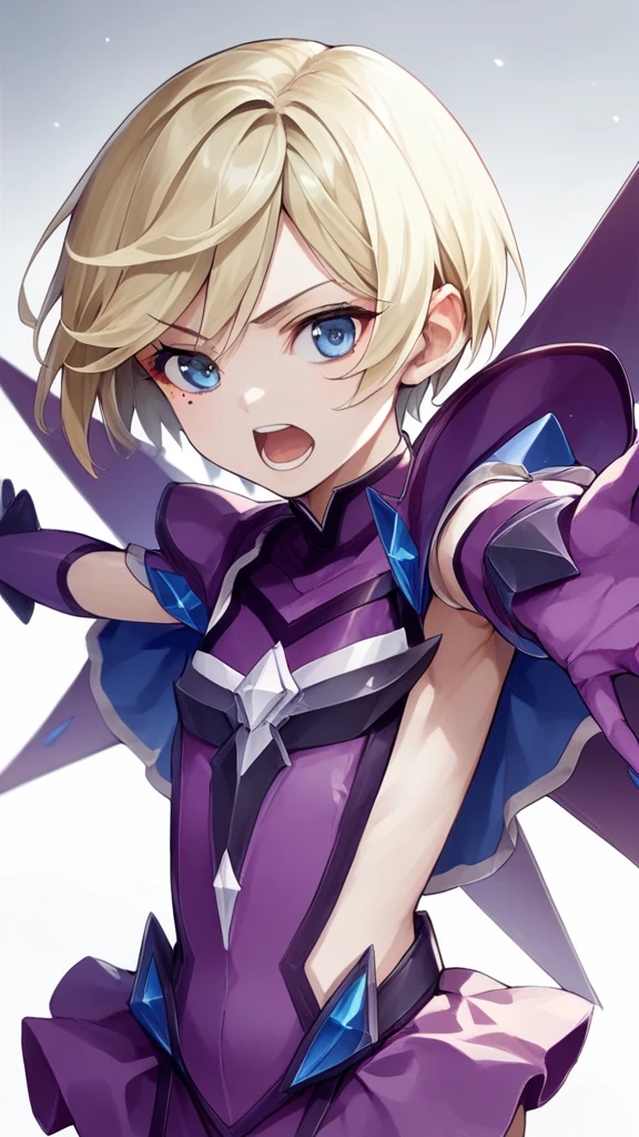 One girl, Blonde, blue eyes, Clothing cutouts, elbow gloves, Flat Chest, gloves, Have, View your viewers, microskirt, Mole, Mole under eye, Open your mouth, Outstretched arms, purple gloves, rib, Shiny skin, short hair, Side cut-outs, Sideless outfit, skirt, solo score_9, score_8_superior, score_7_superior, score_6_superior, score_5_superior, score_4_superior, Break Source_anime, masterpiece