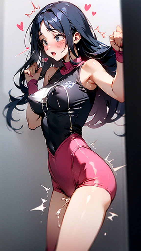 naked, nipple, blush, surprised expression, heart eyes, long hair, Cum coming out of my pussy, trembling body, spandex workout suit