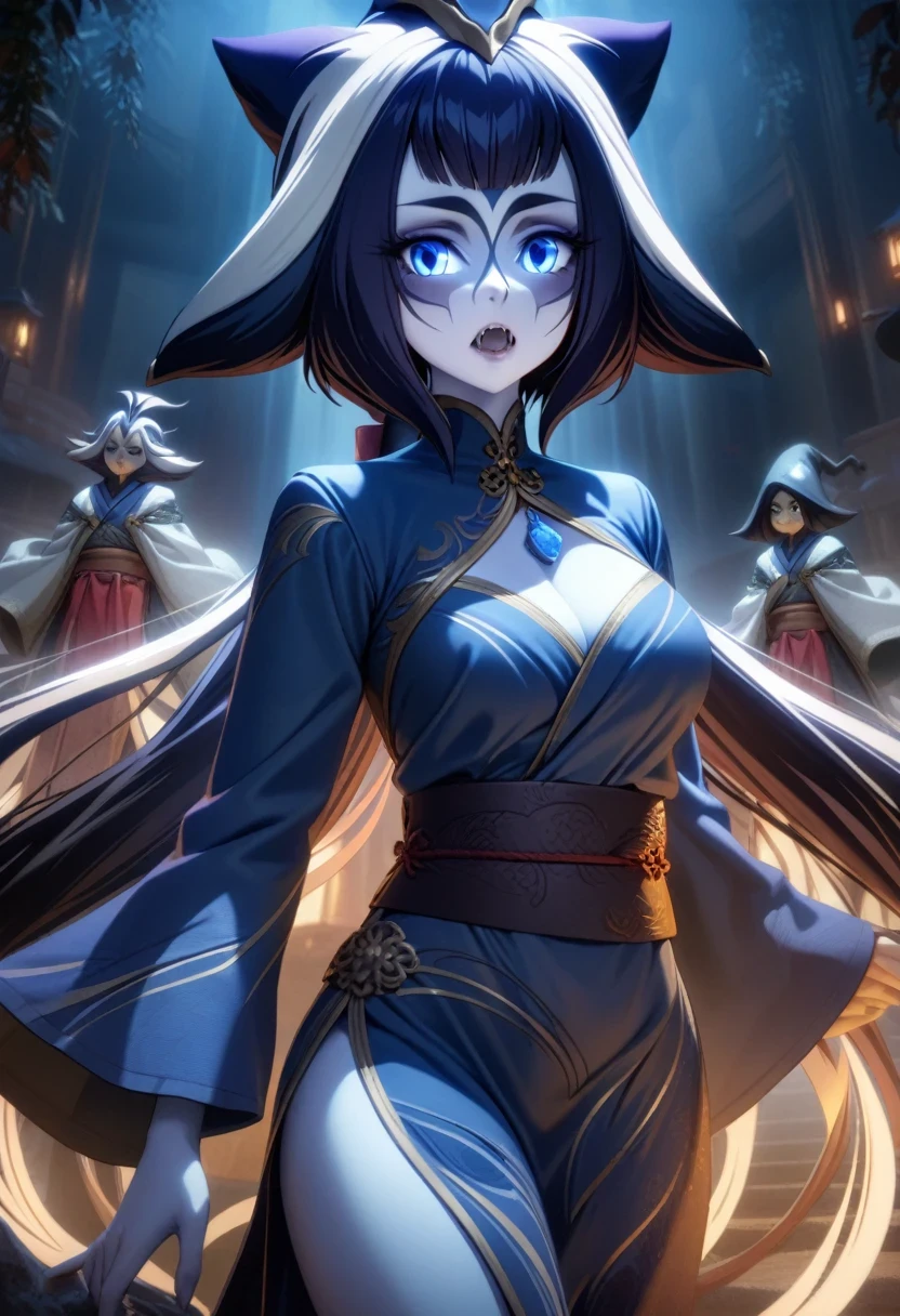 (shylily/(Twich/):1.5),(masterpiece:1.2),(best quality:1.2),high quality,Practical,[woman],[jiang shi],[Chinese zombie],[Chinese dress],[qi pao],[amulet on head],[at night],[Breasts exposed], figure,Detailed eyes and face,Long eyelashes,Pale skin,Ominous atmosphere,Mysterious atmosphere,fear,Traditional clothing,Meticulous details,Strong presence,A fusion of modern and traditional elements,powerful and threatening,ethereal beauty,Beautiful,Subtle shadows and highlights,sublime aesthetics,Rich color palette, masterpiece, full-body shot, moonlight, Fangs, Extreme details, HD, Movie CG, Round top hat，It is a typical feature of the official hat