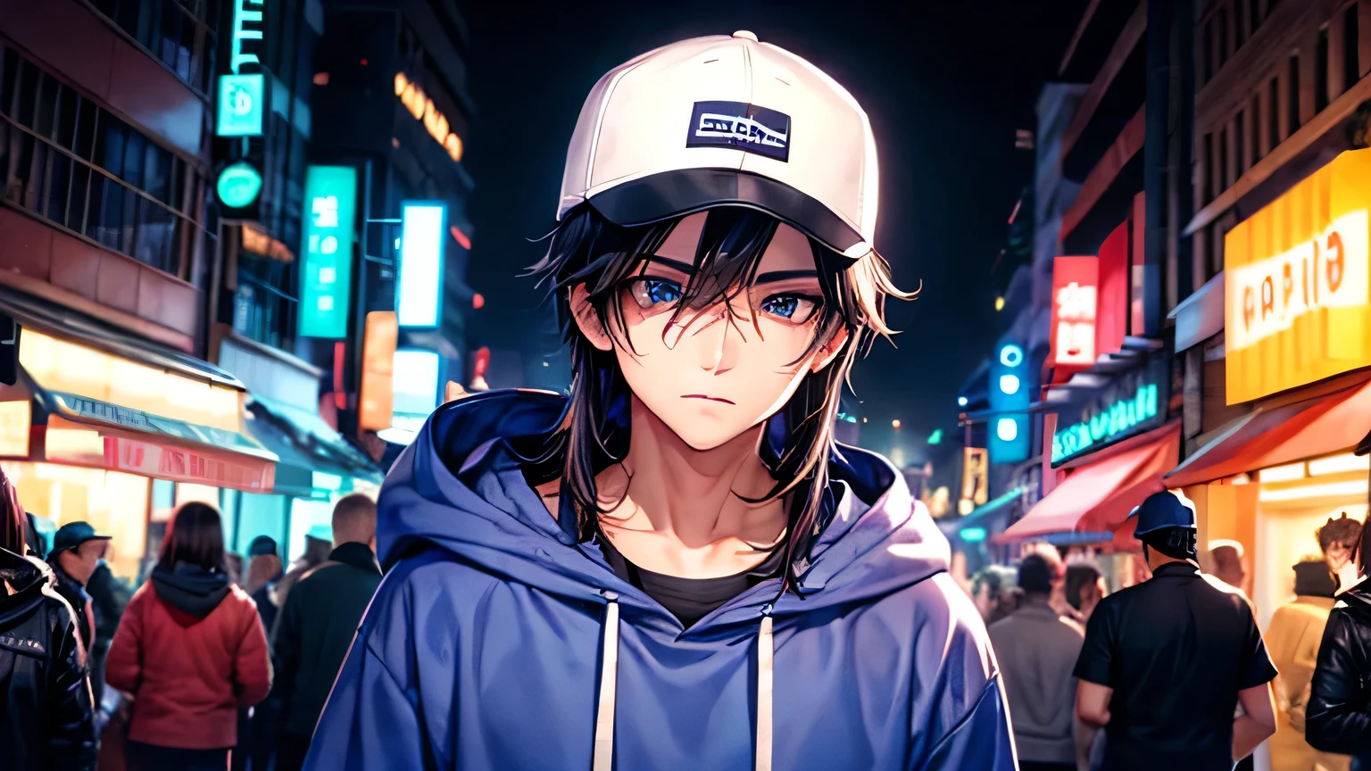 male one person Sad eyes Super handsome Cool male Baseball cap hoodie night bustling street neon High quality and high definition facial expressions High quality and high definition hair Diagonal