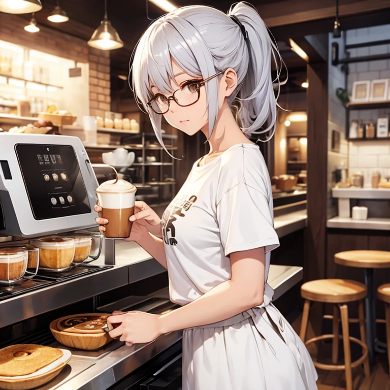 Cafe girl Silver Hair ponytail Glasses coffee pancake T-Shirts White Skirt short