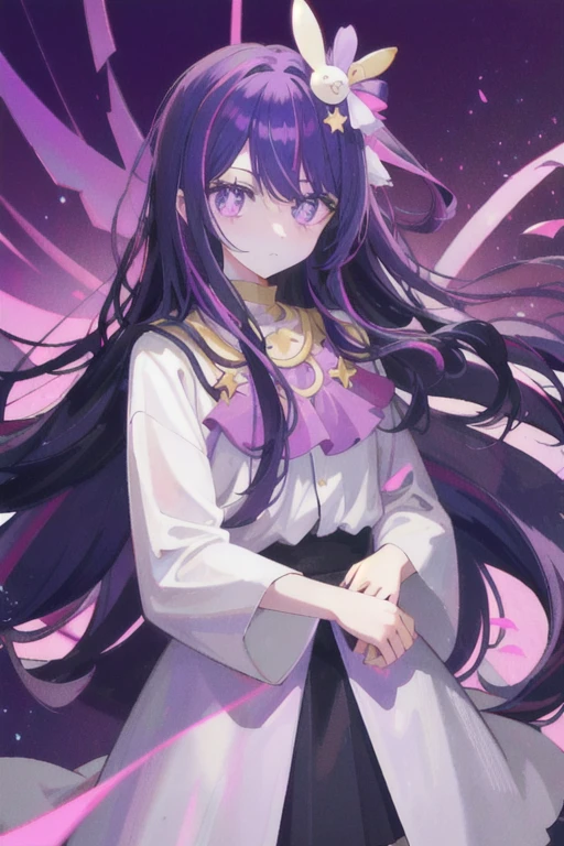 Hoshino Ai, long flowing hair, purple hair, highlights, violet eyes with star-shaped pupils, hair ornaments