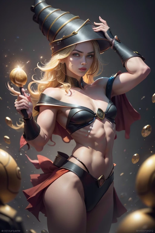 (8K,fotorrealista raw photography the highest quality;1.4) (1chica en) Super belleza (cara realista) cuerpo femenino (Rubia de rizos largos) Hold a black and red magic wand Escena de combate Magic hat with black and gold exterior handsime expression Deslumbramiento (Piel de aspecto real) (Giles magos oscuros) tentador super high resolution Un hiperrealista Alto detalle foto de cuerpo completo restos, only male , only boy ,