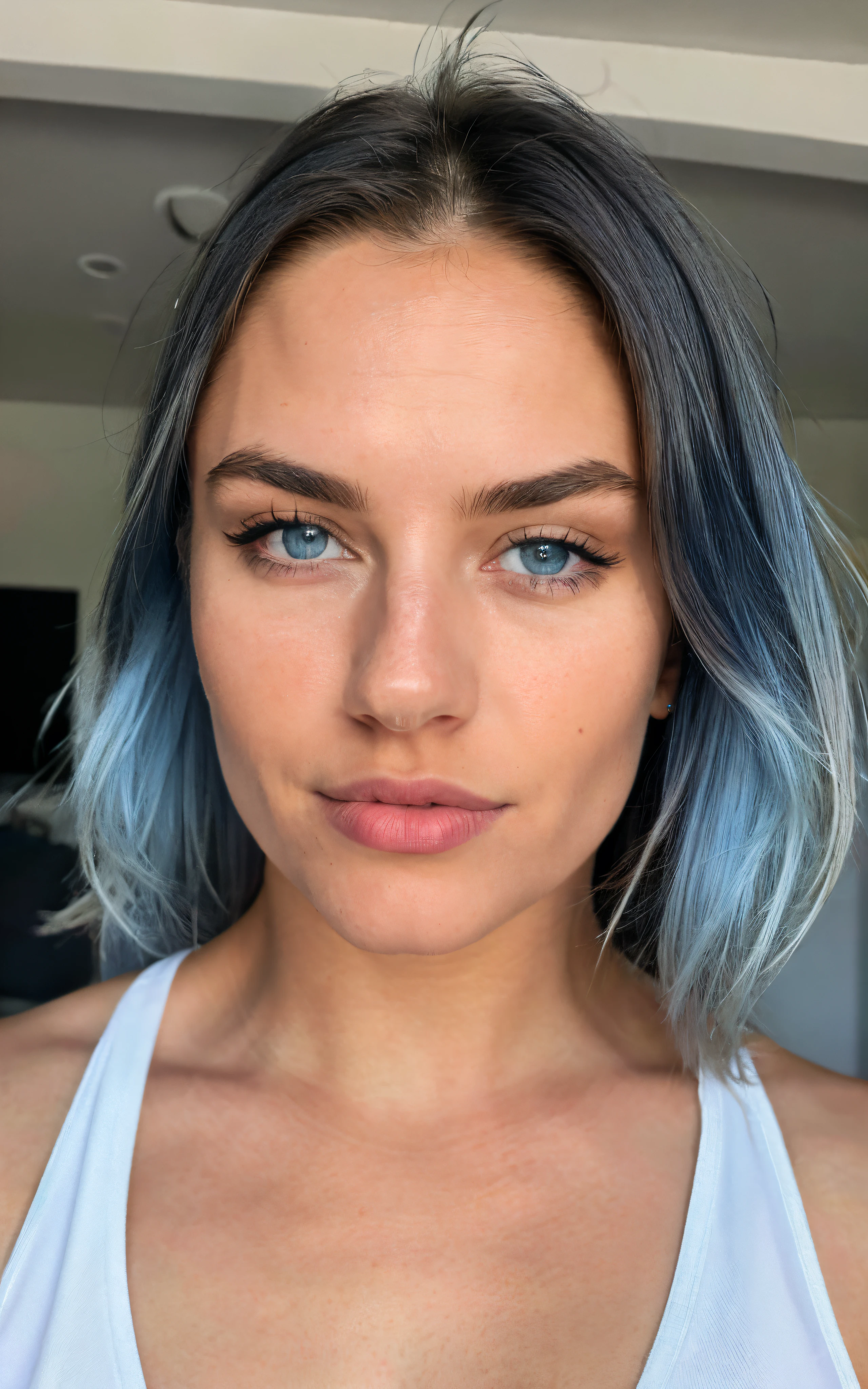 photorealistic, Best quality, hyper detailed, Let's look at the view ,best shadow, Whole body ,in sportswear , average size, beautiful sexy fess girl, 21 years old, young girl, Blue eyes, Symmetrical beautiful face, blue hair, almond eye , Full lips