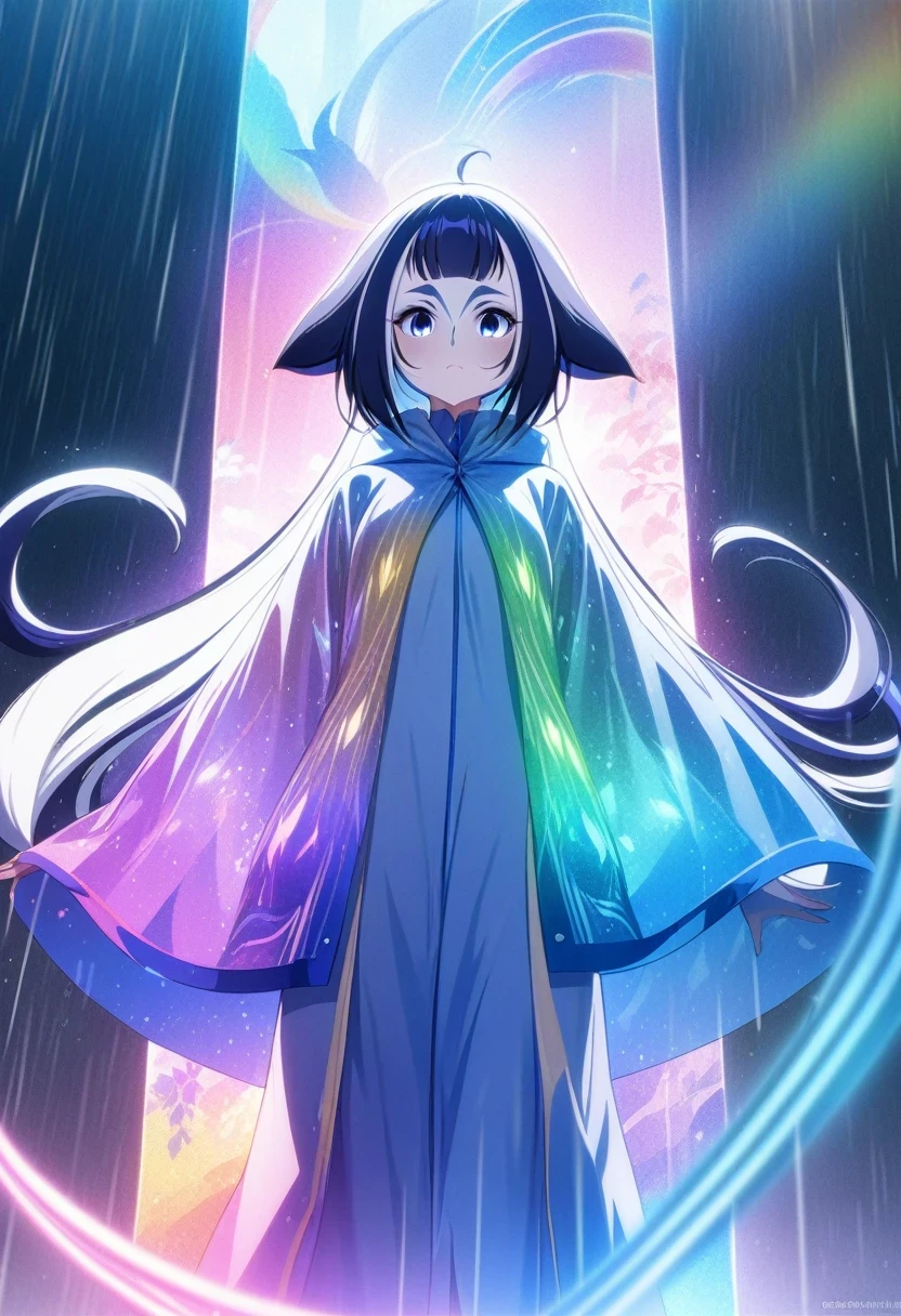 (shylily/(Twich/):1.5),(masterpiece:1.2),(best quality:1.2),best quality，16K Quality，Ultra-clear picture quality，Anime girl standing in rain in raincoat, Rainbow color illustration, magically glowing, Shiny and colorful, Hologram,  anime art wallpaper 8 k, 