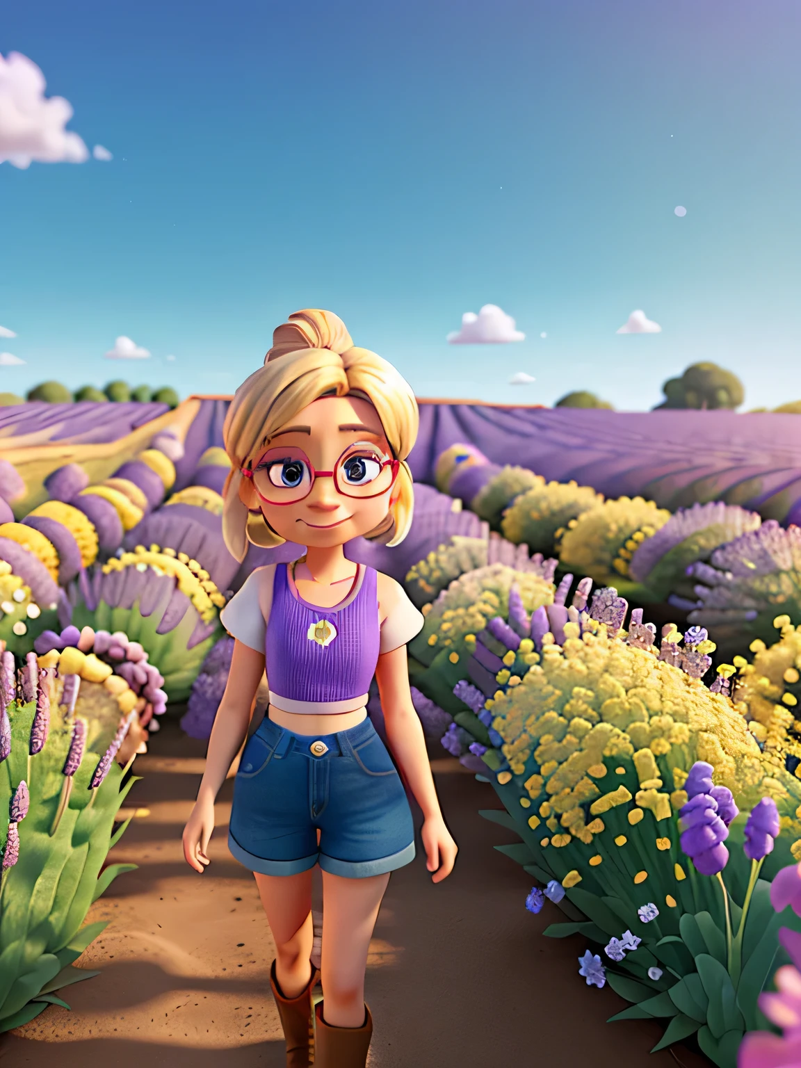 Pixar style image with 3D character, blonde woman with a bun with sunglasses,white tank top with flowers, Disney makeup, in a lavender field, cute, smiling, close up, pixar, Disney, movie lighting,