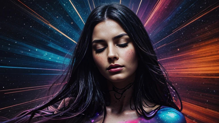 A captivating dark fantasy illustration of a woman with long, flowing dark hair that seamlessly blends into a vibrant cosmic background. The background is a mesmerizing blend of orange, pink, and blue hues, with abstract patterns and splatters of paint adding to the visual impact. The woman's face is partially obscured, her lips slightly parted, and her eyes closed. Her arms are raised, and her body is depicted in a twisted, dynamic pose that accentuates the movement and energy of the piece. The overall atmosphere is mysterious, powerful, and enchanting., illustration, painting, vibrant, dark fantasy