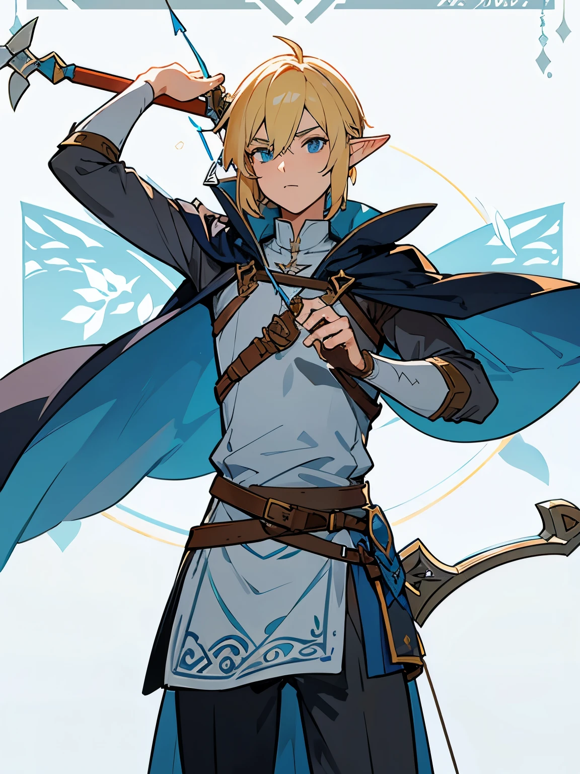 Blond elf boy in blue combat uniform,Breath of the Wild Link,Pull away the bow and arrow,A long sword hangs from his waist,A dark grey cape