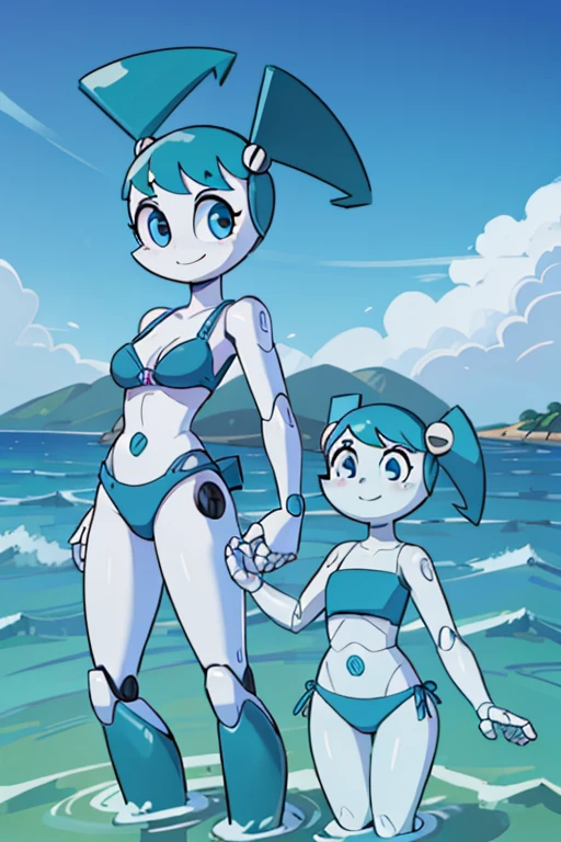 Retrato de alta qualidade de Jenny Wakeman nadando no fundo do mar. HORA DO DIA. olhando para o espectador. sorridente. robot body, robot joints. Parafuso azul no umbigo, bikini, com boia rosa