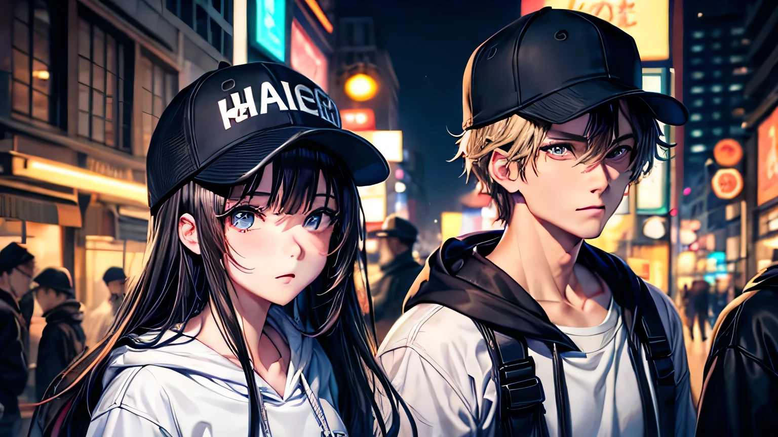 male one person Sad eyes Super handsome Cool male Baseball cap hoodie night bustling street neon High quality and high definition facial expressions High quality and high definition hair Diagonal