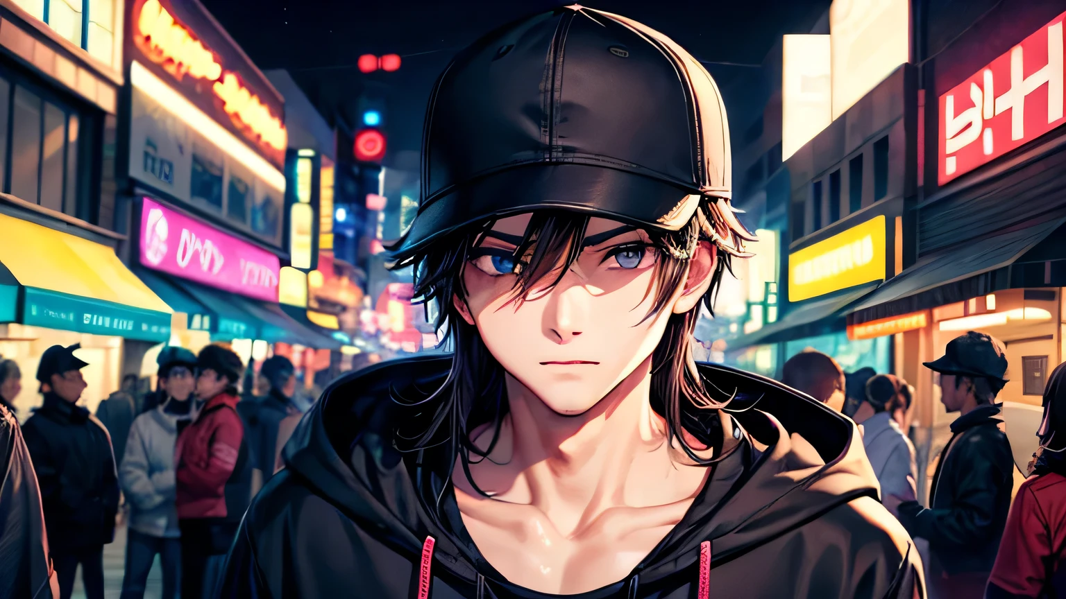 male one person Sad eyes Super handsome Cool male Baseball cap hoodie night bustling street neon High quality and high definition facial expressions High quality and high definition hair Diagonal