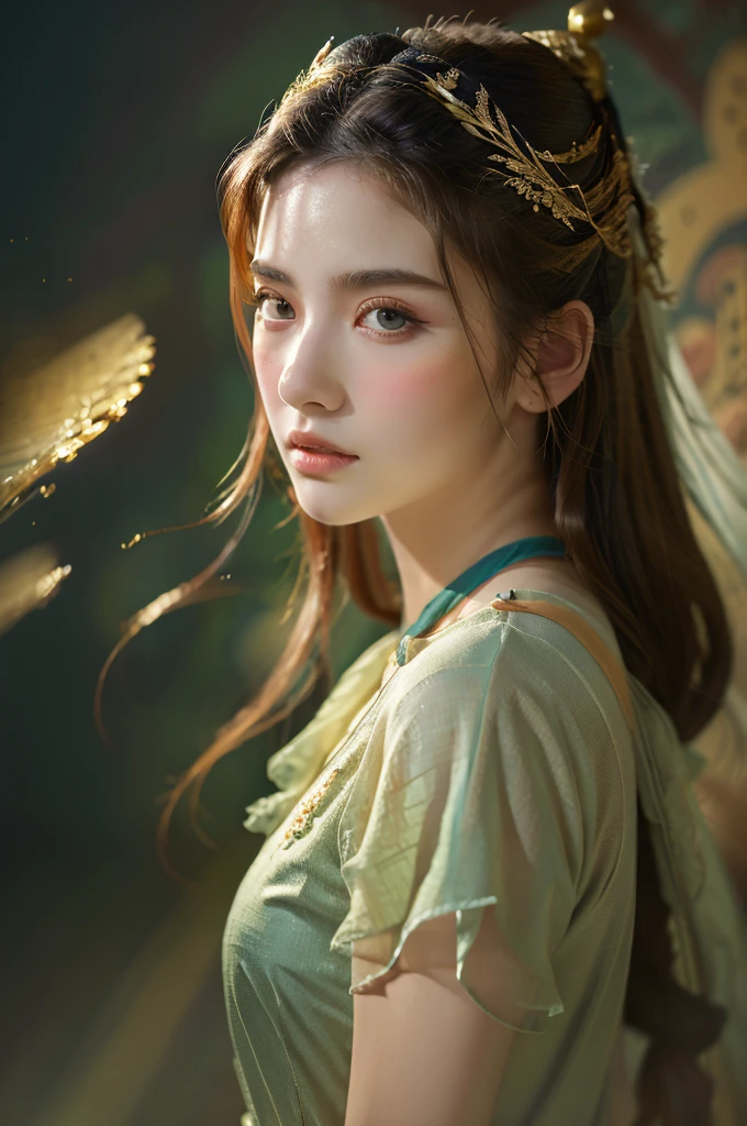 ( masterpiece, top quality, best quality,8k, girl,ultra detailed,raw photo:1.5),(photorealistic:1.4),(cinematic lighting), PerfectNwsjMajic, , Surrealism, UHD, ccurate, Super detail, textured skin, High detail, Best quality, dynamic angle, (high nose,White skin),[Beautiful blue eyes],(1girl),(good anatomy:0.5)), dunhuang_style, Dreamy atmosphere,expressive brush strokes, mystical ambiance, Artistic interpretation, a whimsical illustration, Subtle colors and tones, straight face, Palace 