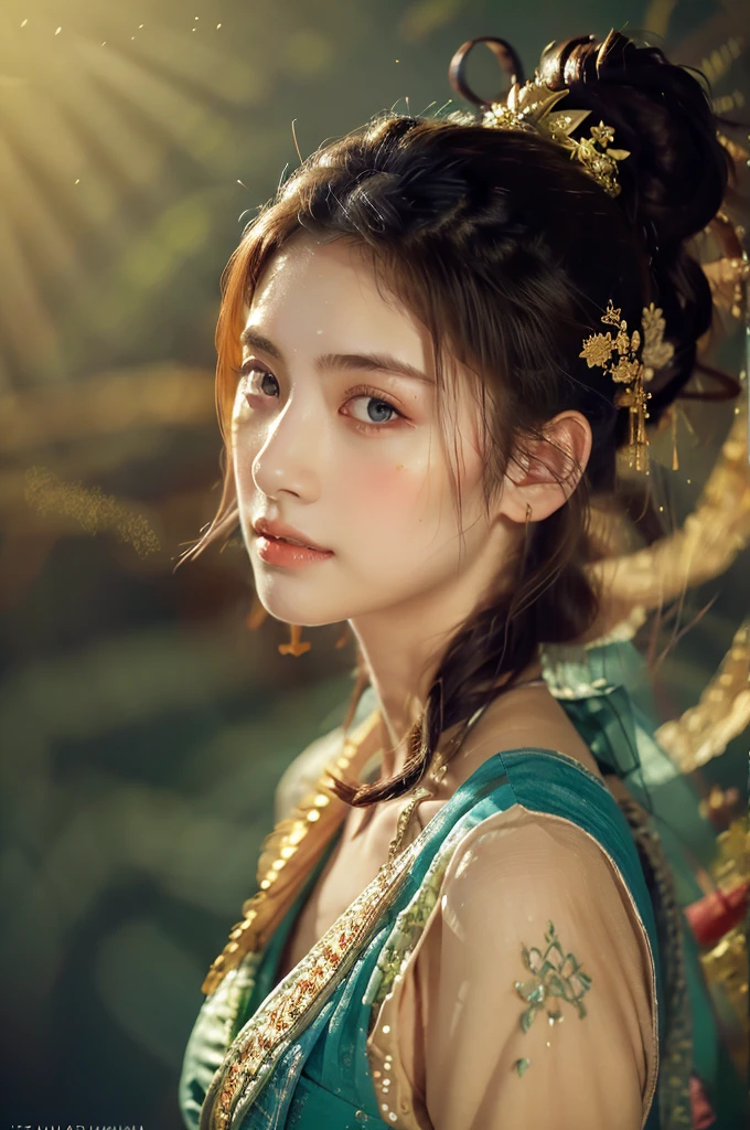 ( masterpiece, top quality, best quality,8k,17 years old girl,ultra detailed,raw photo:1.5),(photorealistic:1.4),(cinematic lighting), PerfectNwsjMajic, , Surrealism, UHD, ccurate, Super detail, textured skin, High detail, Best quality, dynamic angle, (high nose,White skin),[Beautiful blue eyes],(1girl),(good anatomy:0.5)), dunhuang_style, Dreamy atmosphere,expressive brush strokes, mystical ambiance, Artistic interpretation, a whimsical illustration, Subtle colors and tones, straight face, river