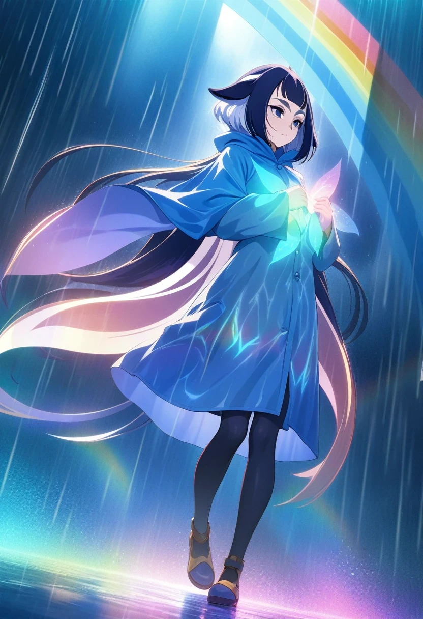 (shylily/(Twich/):1.5),(masterpiece:1.2),(best quality:1.2),best quality,16K Quality,Ultra-clear picture quality,Anime girl standing in rain in raincoat, Rainbow color illustration, magically glowing, Shiny and colorful, Hologram, anime art wallpaper 8 k,