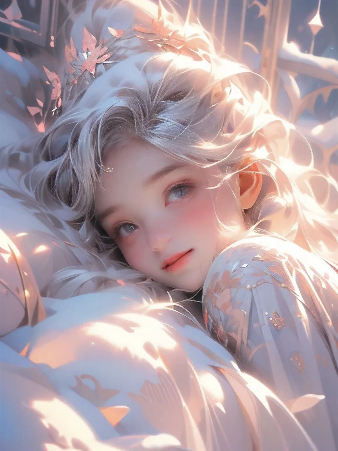 (best quality,4k,highres,masterpiece:1.2),beautiful detailed eyes,beautiful detailed lips,extremely detailed eyes and face,long eyelashes,(a cute girl, lying in a snowy garden,playful and happy,beautifully illustrated,pastel colors,whimsical,artistic,light and bright,soft lighting,fluffy fur, snowy  wonderland)