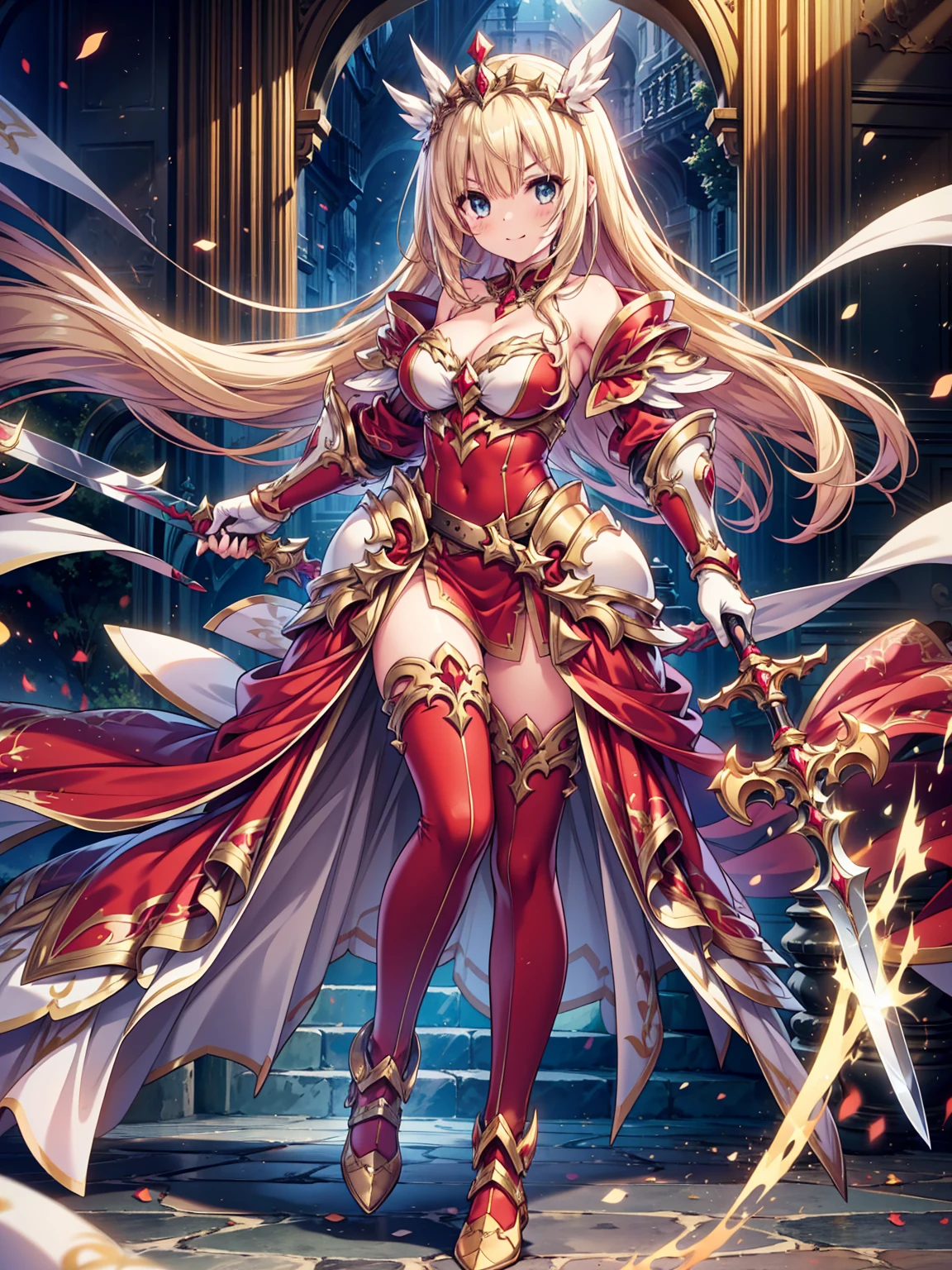 masterpiece, best quality, high resolution, extremely detailed CG, absurdres, full body, 1girl, a girl in armor and tiara holding a large sword, white armor, golden decoration, red_outfit, off-shoulder, thighhighs, long hair, blond hair, leg armor, cleavage, tiara, gloves, armor, white gloves,  off-shoulder armor, >:), Standing posing