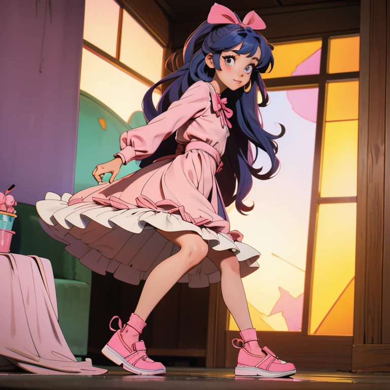 A beautiful girl with mid length hair in a half pony and she has a side bangs while She is wearing a beautiful pink dress and a very cute shoes with ribbon causing trouble inside their house