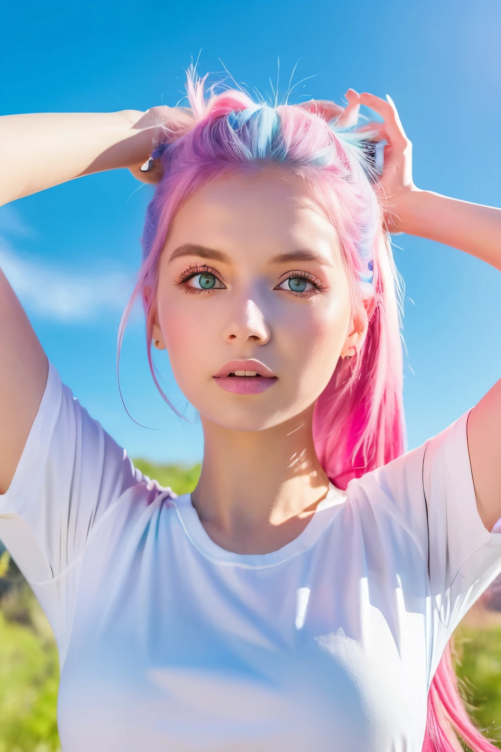 8k, highest quality, masterpiece:1.2),(highest quality:1.0),Very beautiful French girl、Blue T-shirt、White pants、Green Eyes、Pink Hair、blue sky、Uluru