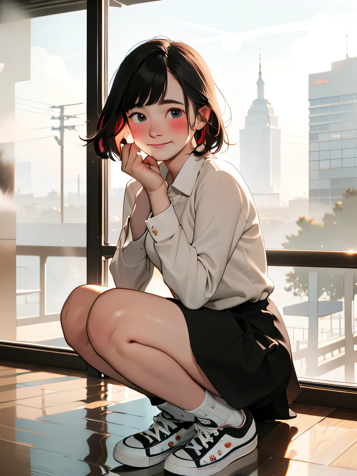 A swedish, American,  german, young woman, 20yo, downtown, in large metropolis, collared shirt, sweater, pleated skirt, chuck taylor shoes, smirk  ((heavy gaussian blur)), ((soft lighting)), (((extremely hazy:1.2))),, (extremely bright), (dreamy atmosphere), bright vivid colors, (blushing:1.2)