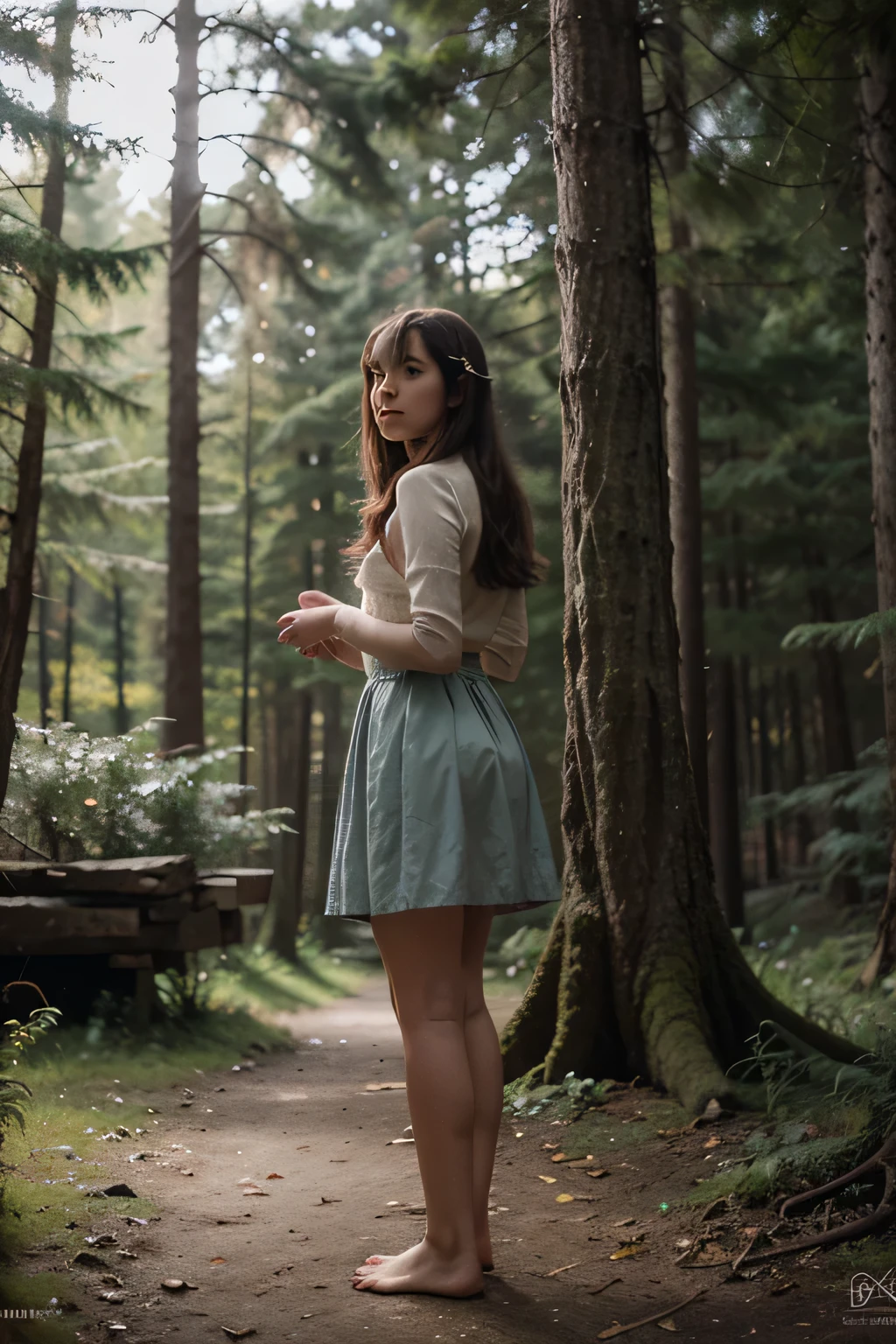 Illustration for a fairy tale about a girl standing in the forest who can talk to animals