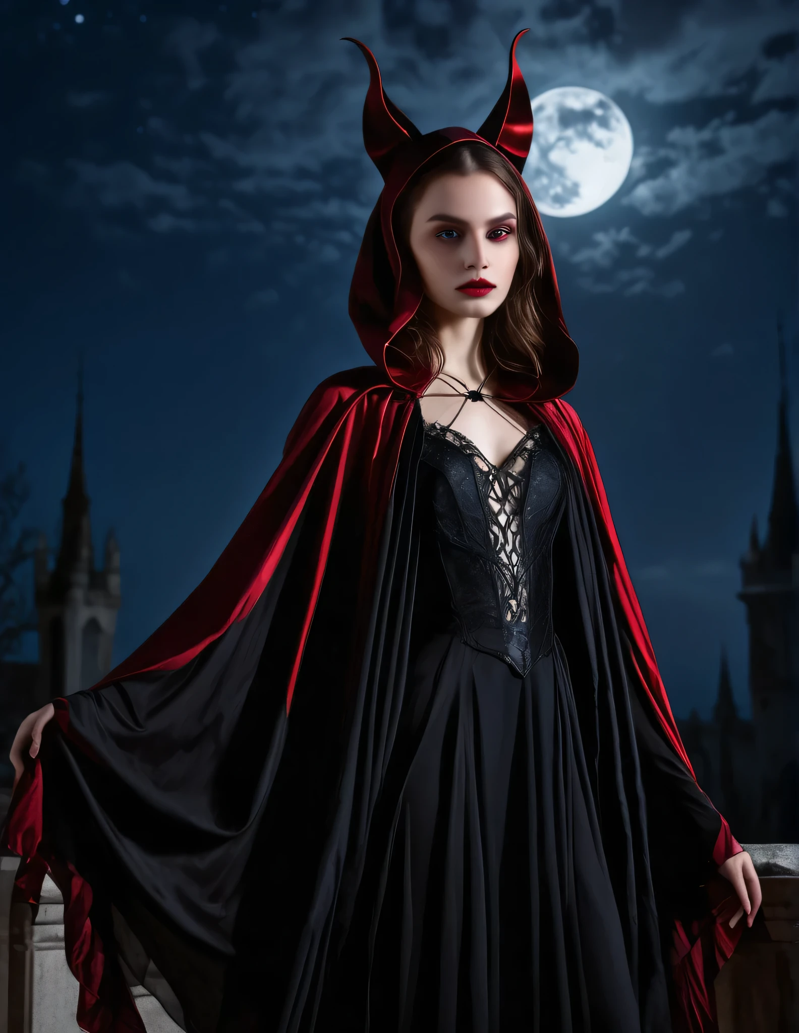 (Exquisite masterpiece, 8K, UHD, photorealistic: 1.3), enchanting young girl, slender figure draped in shadows, (intense crimson eyes: 1.2), wings unfurled, resembling the embrace of the night, (bat-like ears: 1.1), delicate yet striking, amidst a moonlit backdrop, (flowing ebony cloak: 1.2), intricate stitching, billowing softly in the nocturnal breeze, perched upon a gothic spire, silhouetted against the starry sky, (elegant yet eerie atmosphere: 1.2), mist swirling below, hinting at mysteries untold, (subtle gleam of moonlight: 1.3), illuminating her ethereal features, a haunting melody echoing through the darkness, composed of whispers and echoes, (midnight serenade: 1.1), a symphony of shadows and silence.