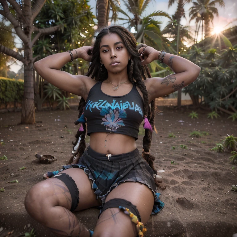 ((Alegre ((gordinho ((dark-skinned Nicaragua)) goth girl with long free-form dreadlocks and hairy legs)) sentado no meio do jardim enquanto observa pacificamente o nascer do sol, (wearing a cut-off punk t-shirt and pleated skirt with fishnet stockings), (usando colar de diamantes), (cannabis flower tattoos on arms and legs), pernas gordas abertas, foto de alta qualidade, sitting in silence (com muitas plantas de cannabis sativa e arbustos de zimbro no jardim durante o nascer do sol nebuloso)