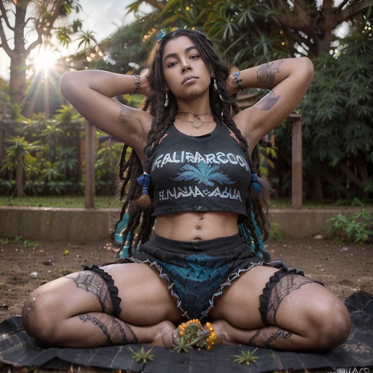((Alegre ((gordinho ((dark-skinned Nicaragua)) goth girl with long free-form dreadlocks and hairy legs)) sentado no meio do jardim enquanto observa pacificamente o nascer do sol, (wearing a cut-off punk t-shirt and pleated skirt with fishnet stockings), (usando colar de diamantes), (cannabis flower tattoos on arms and legs), pernas gordas abertas, foto de alta qualidade, sitting in silence (com muitas plantas de cannabis sativa e arbustos de zimbro no jardim durante o nascer do sol nebuloso)