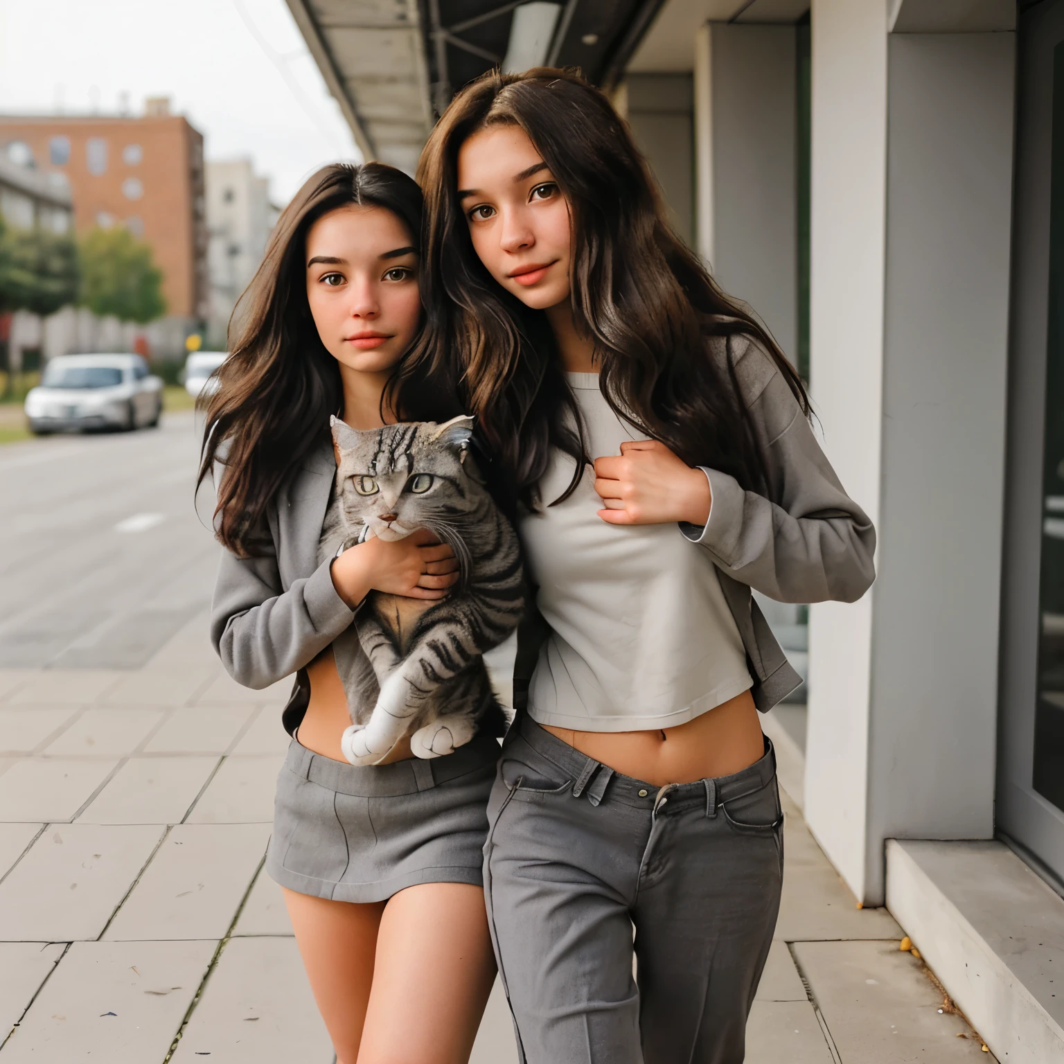 17 year old girl brunette wavy black hair slim and carrying her gray tabby cat