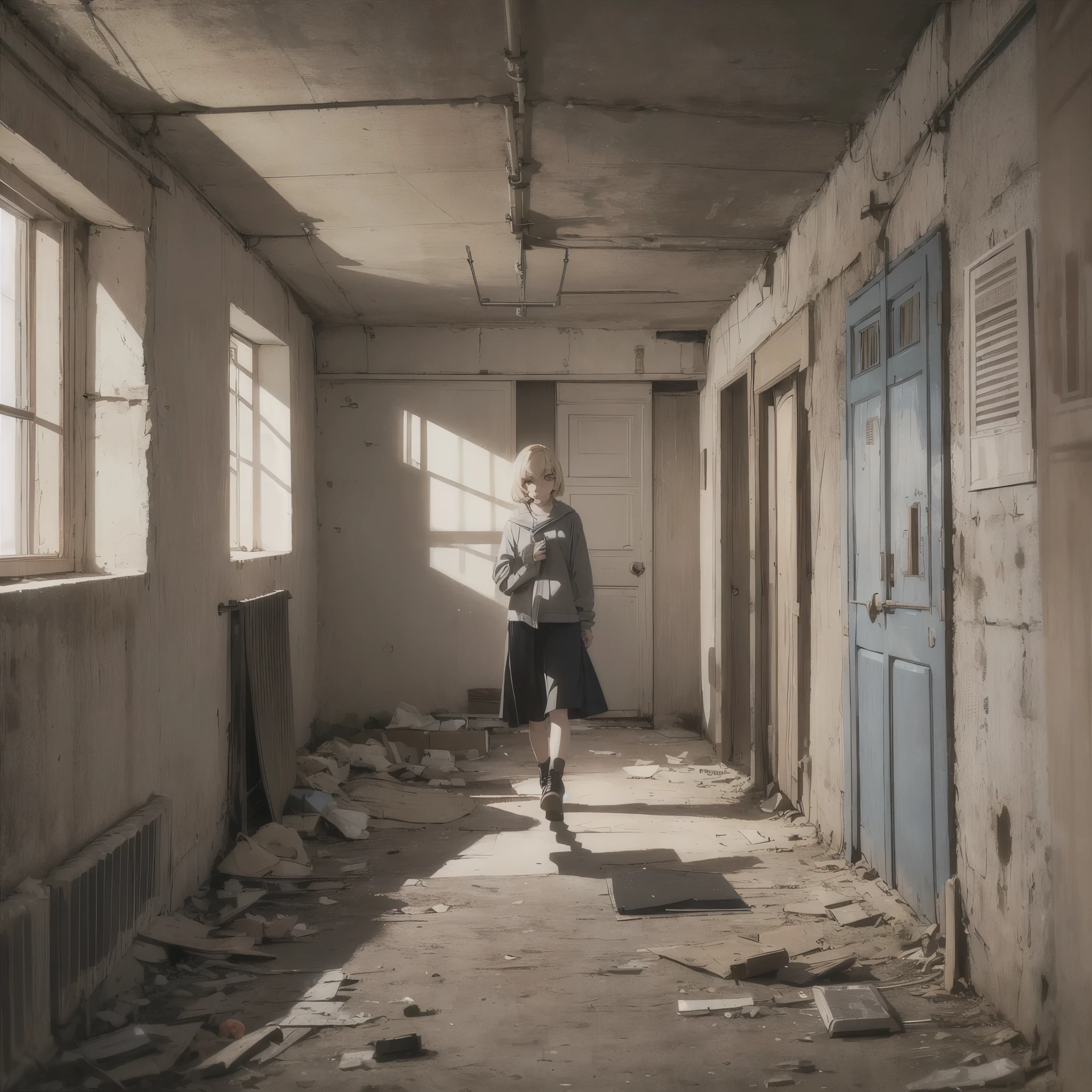 ((20-year-old woman,Blonde short bob hair,She is walking through an empty room)),Huge kids room,room in underground,A room with children's graffiti,Messy room,Dim electricity,Dimly lit room,There are many long and thin monsters,Uneasy atmosphere,