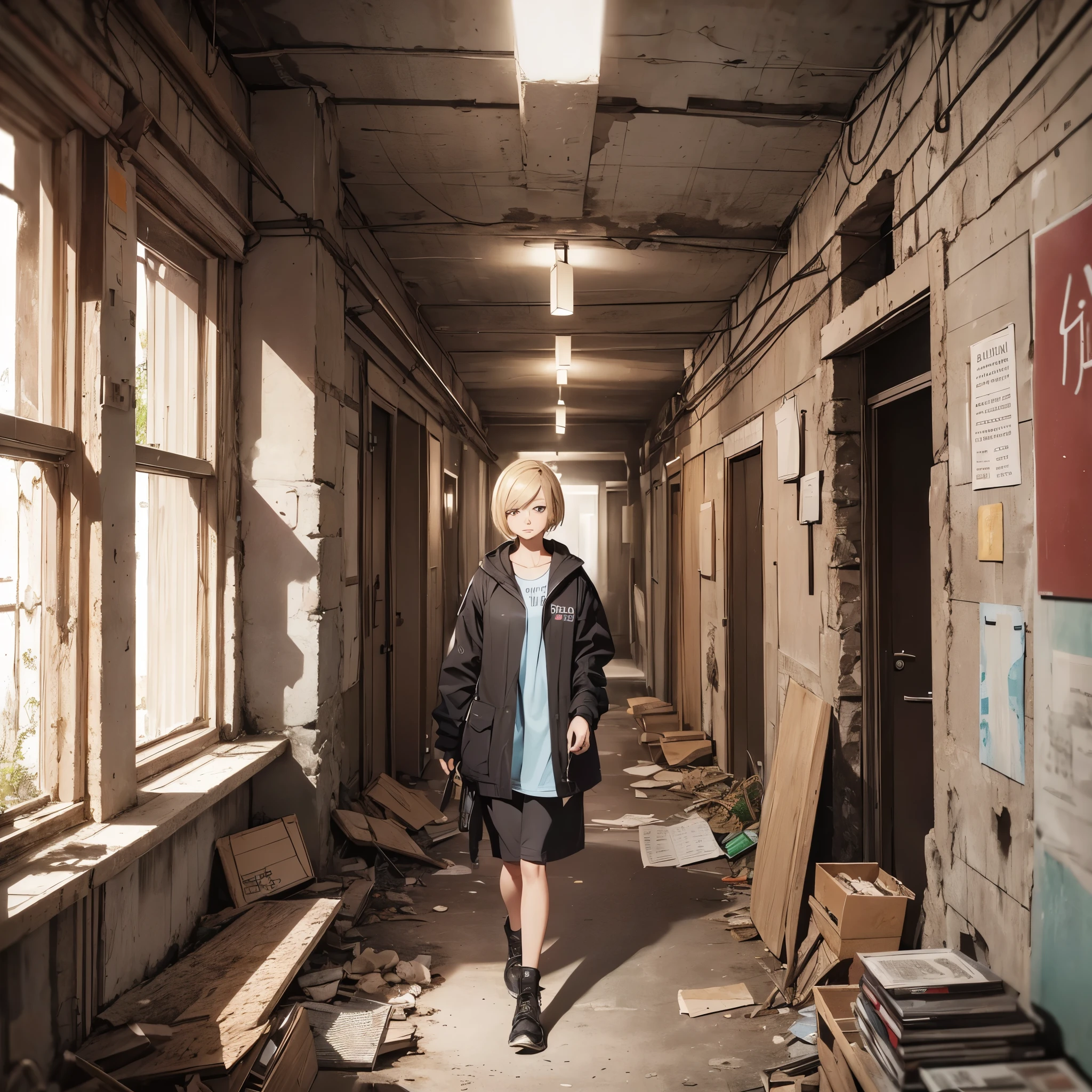((20-year-old woman,Blonde short bob hair,She is walking through an empty room)),Huge kids room,room in underground,A room with children&#39;s graffiti,Messy room,Dim electricity,Dimly lit room,There are many long and thin monsters,Uneasy atmosphere,