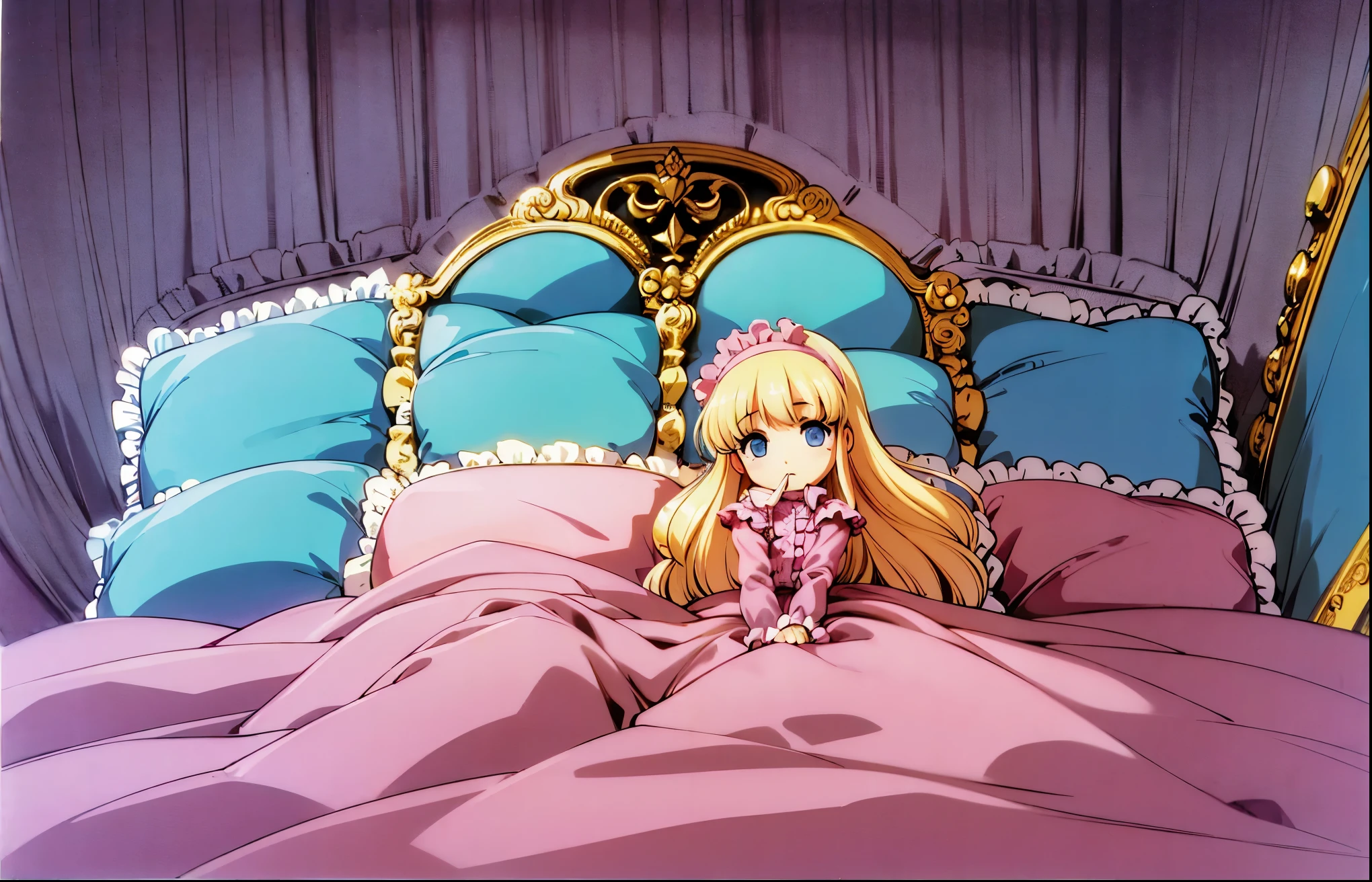 ,highest quality, masterpiece, Highest Resolution, artwork, super それにGet used to it, many Get used to it, Get used to it, それにGet used to it, 3K anime illustrations,(( 10 year old girl)),Super detailed baby face,high quality small face,Long blonde hair,blue eyes,白い肌のEuropean,pajamas, European,Curly Hair,blue eyes,((((ピンクのロリータファッションのLong skirtのワンピースドレス)))),((A pink dress with lots of frills and ribbons)),((A gorgeous headdress with frills and ribbons)),Detailed headdress,,(((Large yoke collar))),Yoke collar with ruffles and bow,((((Long sleeve)))),Ruffle sleeves,((((Long skirt)))),White ruffle and lace socks,Large frill and ribbon pillow,(((Nice pink outfit))),豪華なCanopy bedの上,Canopy bed,The bed is surrounded by luxurious curtains.,There were a lot of frilly pillows on the bed.,There are a lot of frilly pillows behind the girl.,Highly detailed background,Detailed bed,Soft pink comforter,Very fine soft frilly pillow,Beautiful girl illustration,Beautiful face in every detail,Thin Hair,Detailed eyes ,Detailed eyess,Mouth details, Arm details,Beautiful Hands,Detailed pillow,Large bed,Illustration on the bed, ,((((Round futon)))),((((A large frilly futon that covers the entire bed)))),Detailed comforter,Detailed bedシーツ,Before bedtime,Romantic atmosphere,Palace Bedroom,((((The lower half of the body is hidden under a large blanket....)))) The girl is leaning against a pile of pillows, ,((((Round futon)))),((((A large frilly futon that covers the entire bed)))),