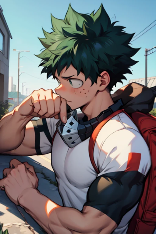 An Izuku Midoriya with All Might's muscles would be an incredibly powerful and imposing version of the hero. With toned and robust muscles, His strength and endurance would be unmatched.. His All Might-inspired suit would be a perfect combination of style and functionality., with the characteristic design in the shape of "Y" en el pecho y los colores verde, negro y blanco decorando su uniforme. The cape billowing behind him would add a touch of majesty to his appearance., making it look even more impressive. Con esta nueva apariencia, Izuku Midoriya would truly be a formidable hero and worthy of admiration.