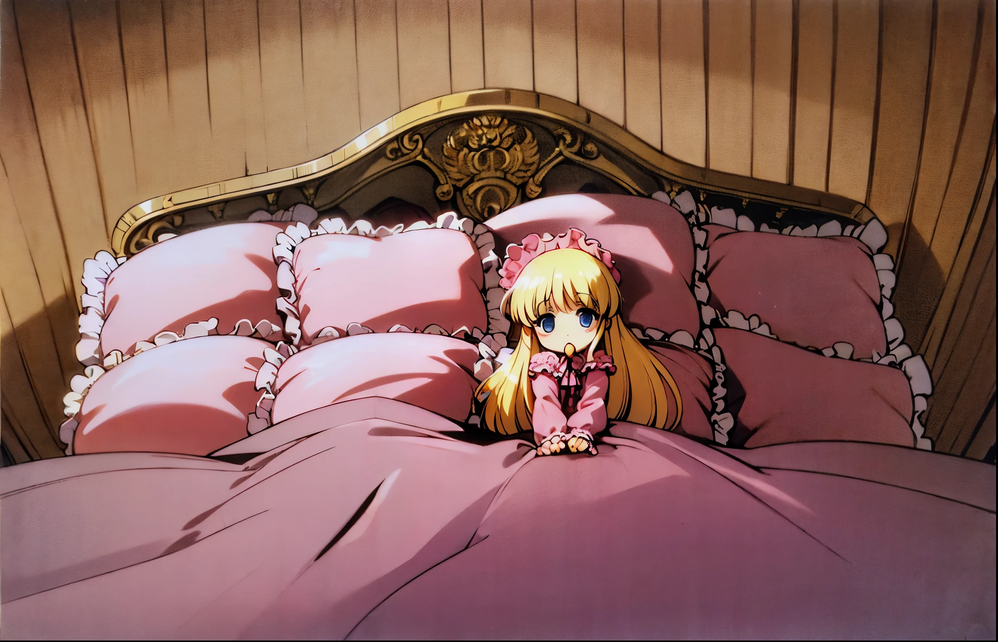 ,highest quality, masterpiece, Highest Resolution, artwork, super それにGet used to it, many Get used to it, Get used to it, それにGet used to it, 3K anime illustrations,(( girl)),Super detailed baby face,hty small face,Long blonde hair,blue eyes,白い肌のEuropean,pajamas, European,Curly Hair,blue eyes,((((ピンクのロリータファッションのLong skirtのワンピースドレス)))),((A pink dress with lots of frills and ribbons)),((A gorgeous headdress with frills and ribbons)),Detailed headdress,,(((Large yoke collar))),Yoke collar with ruffles and bow,((((Long sleeve)))),Ruffle sleeves,((((Long skirt)))),White ruffle and lace socks,Large frill and ribbon pillow,(((Nice pink outfit))),豪華なCanopy bedの上,Canopy bed,The bed is surrounded by luxurious curtains.,There were a lot of frilly pillows on the bed.,There are a lot of frilly pillows behind the girl.,Highly detailed background,Detailed bed,Soft pink comforter,Very fine soft frilly pillow,Beautiful girl illustration,Beautiful face in every detail,Thin Hair,Detailed eyes ,Detailed eyess,Mouth details, Arm details,Beautiful Hands,Detailed pillow,Large bed,Illustration on the bed, ,((((Round futon)))),((((A large frilly futon that covers the entire bed)))),Detailed comforter,Detailed bedシーツ,Before bedtime,Romantic atmosphere,Palace Bedroom,((((The lower half of the body is hidden under a large blanket....)))) The girl is leaning against a pile of pillows, ,((((Round futon)))),((((A large frilly futon that covers the entire bed)))),