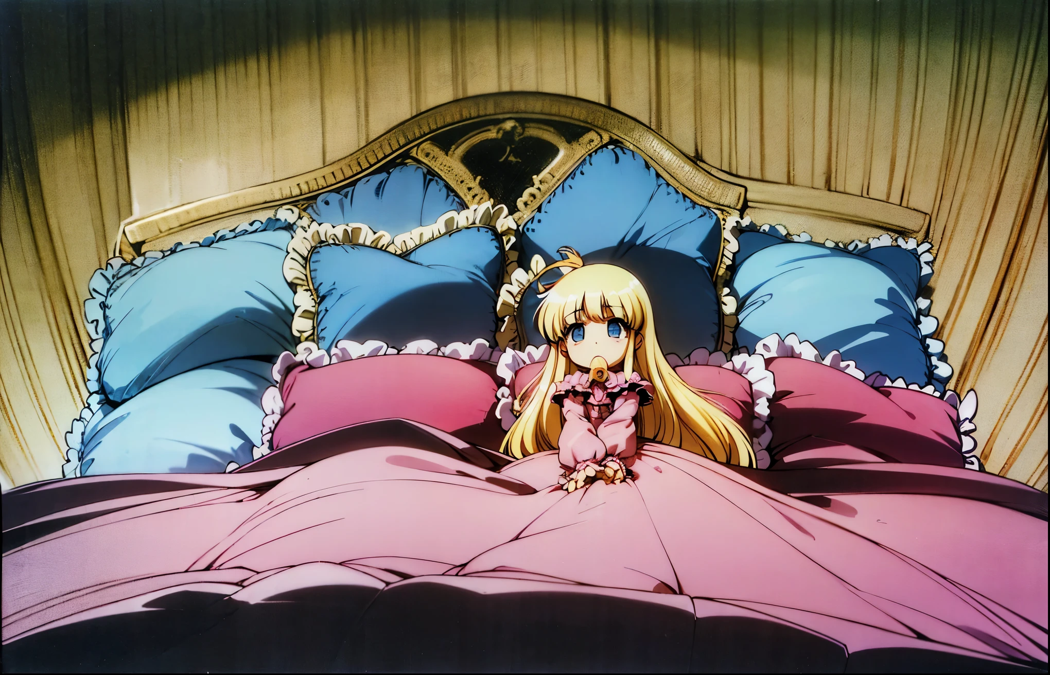 ,highest quality, masterpiece, Highest Resolution, artwork, super それにGet used to it, many Get used to it, Get used to it, それにGet used to it, 3K anime illustrations,(( 10 year old girl)),Super detailed baby face,high quality small face,Long blonde hair,blue eyes,白い肌のEuropean,pajamas, European,Curly Hair,blue eyes,((((ピンクのロリータファッションのLong skirtのワンピースドレス)))),((A pink dress with lots of frills and ribbons)),((A gorgeous headdress with frills and ribbons)),Detailed headdress,,(((Large yoke collar))),Yoke collar with ruffles and bow,((((Long sleeve)))),Ruffle sleeves,((((Long skirt)))),White ruffle and lace socks,Large frill and ribbon pillow,(((Nice pink outfit))),豪華なCanopy bedの上,Canopy bed,The bed is surrounded by luxurious curtains.,There were a lot of frilly pillows on the bed.,There are a lot of frilly pillows behind the girl.,Highly detailed background,Detailed bed,Soft pink comforter,Very fine soft frilly pillow,Beautiful girl illustration,Beautiful face in every detail,Thin Hair,Detailed eyes ,Detailed eyess,Mouth details, Arm details,Beautiful Hands,Detailed pillow,Large bed,Illustration on the bed, ,((((Round futon)))),((((A large frilly futon that covers the entire bed)))),Detailed comforter,Detailed bedシーツ,Before bedtime,Romantic atmosphere,Palace Bedroom,((((The lower half of the body is hidden under a large blanket....)))) The girl is leaning against a pile of pillows, ,((((Round futon)))),((((A large frilly futon that covers the entire bed)))),