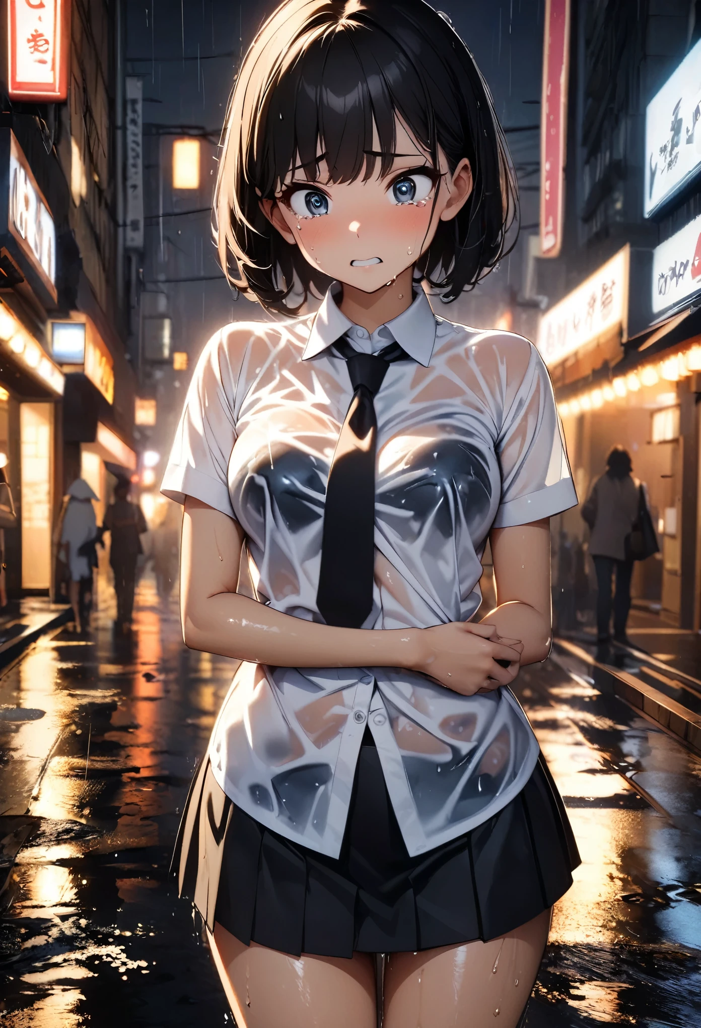 ((high quality, 8k, 4K, High Contrast, masterpiece:1.2, highest quality, Best aesthetics)),cowboy shot,1 female,((beautiful and cute woman,beautiful detailed face and eyes,big gorgeous eyes)),The perfect 25 years old, Japanese、Black Hair、Straight hair,short bob hair,bangs,Anxious expression、tears,oily skin, gleaming skin,(medium breasts,small face:1.4,slender body,skinny),((Wet with rain、Wet clothes)),white formal shirt、Short sleeve、Black tie、Tight mini skirt、barefoot,Black pumps、I stumbled and fell、Puddle,Heavy rain、on street,Tokyo,at night、(Textures and environments、Professional photos、Perfect lighting).