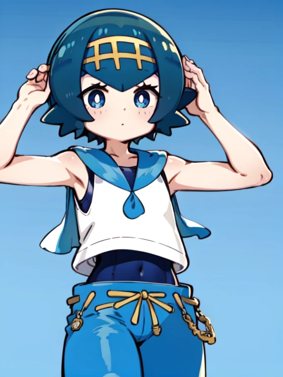 high saturation, high quality, masterpiece, big , pkmnLana, white pupils, headband, blue sailor collar, sleeveless white shirt, swimsuit under clothes, blue pants