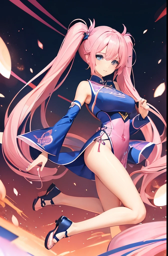 sexy girl, blue eyes, long pink twin tail hair, wearing sexy cheongsam at town, full body, wallpaper,