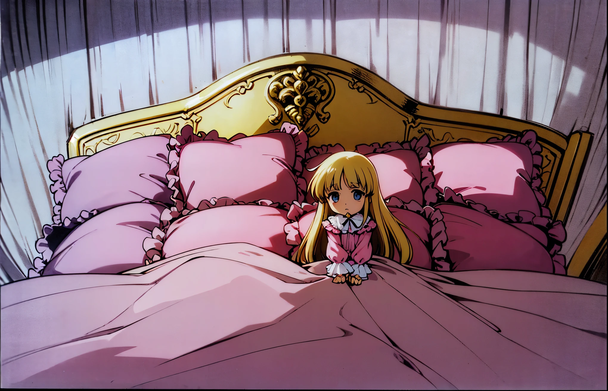 ,highest quality, masterpiece, Highest Resolution, artwork, super それにGet used to it, many Get used to it, Get used to it, それにGet used to it, 3K anime illustrations,(( 10 year old girl)),Super detailed baby face,high quality small face,Long blonde hair,blue eyes,白い肌のEuropean,pajamas, European,Curly Hair,blue eyes,((((ピンクのロリータファッションのLong skirtのワンピースドレス)))),((A pink dress with lots of frills and ribbons)),((A gorgeous headdress with frills and ribbons)),Detailed headdress,,(((Large yoke collar))),Yoke collar with ruffles and bow,((((Long sleeve)))),Ruffle sleeves,((((Long skirt)))),White ruffle and lace socks,Large frill and ribbon pillow,(((Nice pink outfit))),豪華なCanopy bedの上,Canopy bed,The bed is surrounded by luxurious curtains.,There were a lot of frilly pillows on the bed.,There are a lot of frilly pillows behind the girl.,Highly detailed background,Detailed bed,Soft pink comforter,Very fine soft frilly pillow,Beautiful girl illustration,Beautiful face in every detail,Thin Hair,Detailed eyes ,Detailed eyess,Mouth details, Arm details,Beautiful Hands,Detailed pillow,Large bed,Illustration on the bed, ,((((Round futon)))),((((A large frilly futon that covers the entire bed)))),Detailed comforter,Detailed bedシーツ,Before bedtime,Romantic atmosphere,Palace Bedroom,((((The lower half of the body is hidden under a large blanket....)))) The girl is leaning against a pile of pillows, ,((((Round futon)))),((((A large frilly futon that covers the entire bed)))),