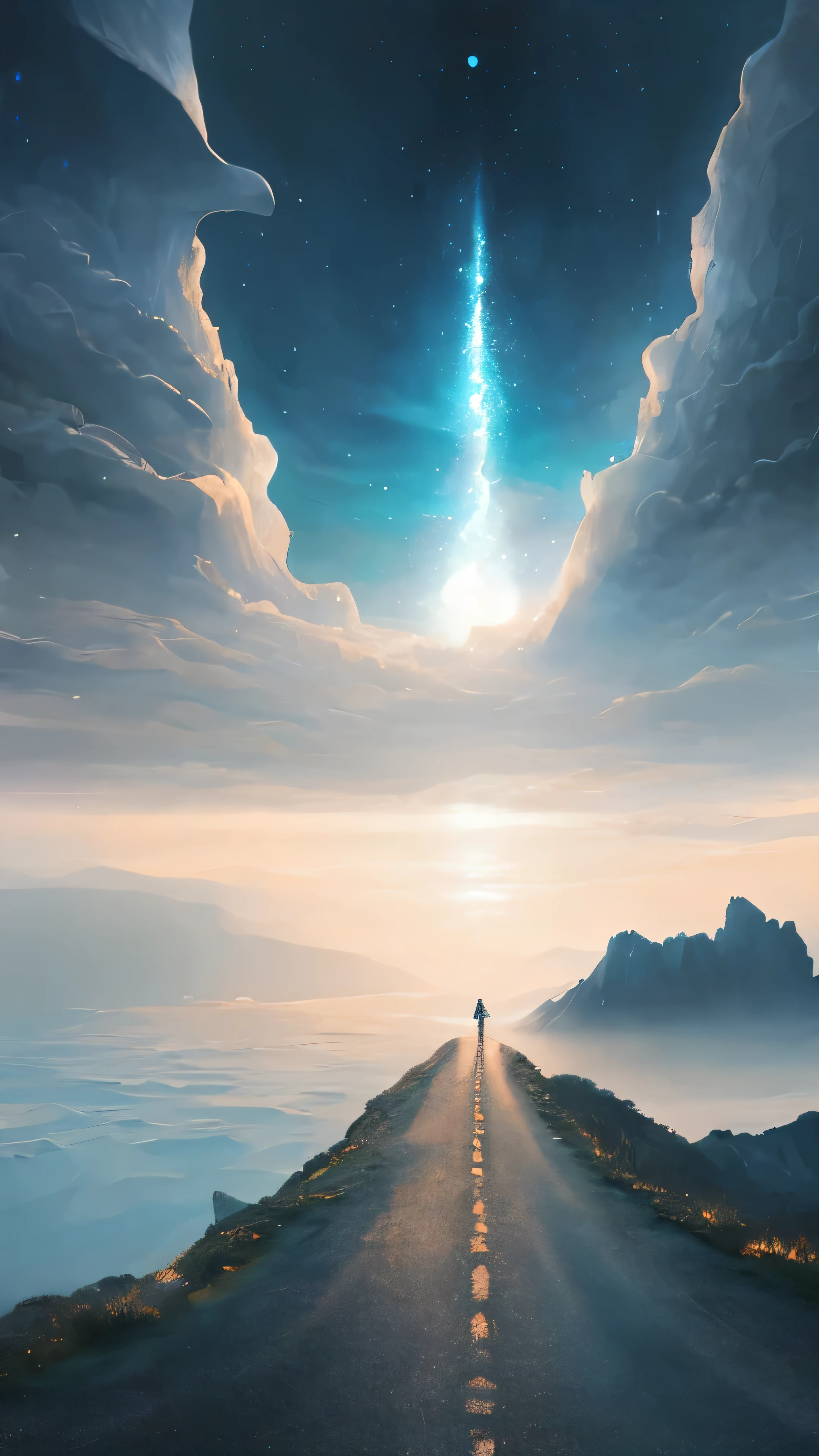 surreal illustration , sobrenatural, De uma viagem de 1.000 milhas por polegada、Composition exam、Para o mundo desconhecido,very detailed and magical lighting,  mar detalhado, paisagem, Beautiful, bumpy roads with beautiful lighting and realistic proportions, Parece um fundo de filme, 8k, mais alta qualidade, obra de arte,