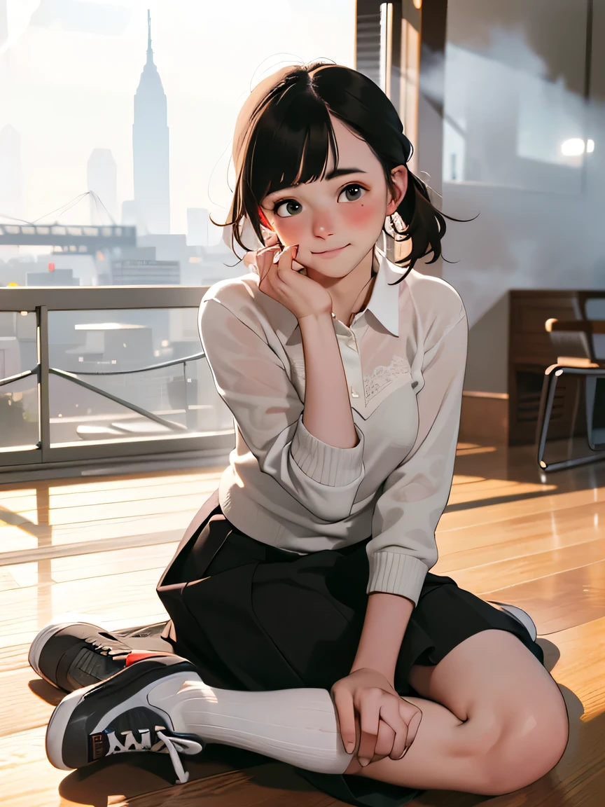 A swedish, American, german, young woman, 20yo, downtown, in large metropolis, collared shirt, sweater, pleated skirt, chuck taylor shoes, smirk ((heavy gaussian blur)), ((soft lighting)), (((extremely hazy:1.2))),, (extremely bright), (dreamy atmosphere), bright vivid colors, (blushing:1.2)