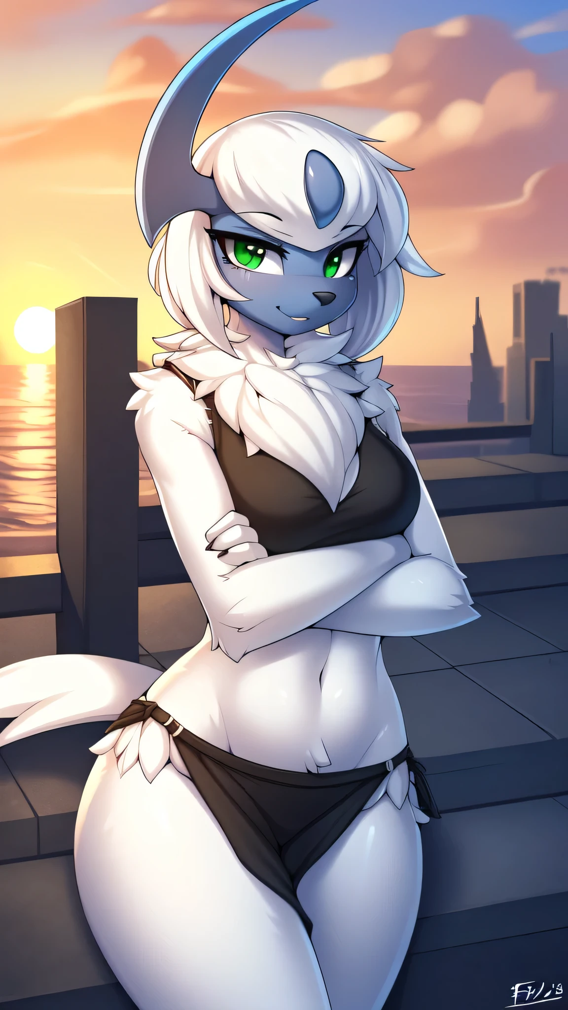 By zinfyu,by twistedscarlet60, uploaded on pixiv, by fluff-kevlar, (masterpiece), (best quality), (anthro furry:1.3, snout:1.2, anthro:1.3, furry:1.2, solo female:1.2), (extremely detailed:1.3),(checkpoint model:1.3),(detailed eye, green eye),(Beautiful face), Absol, dusk, sunset, at side of city, sea, wearing stylish outfit, view on viewer, close view on absol, summer season